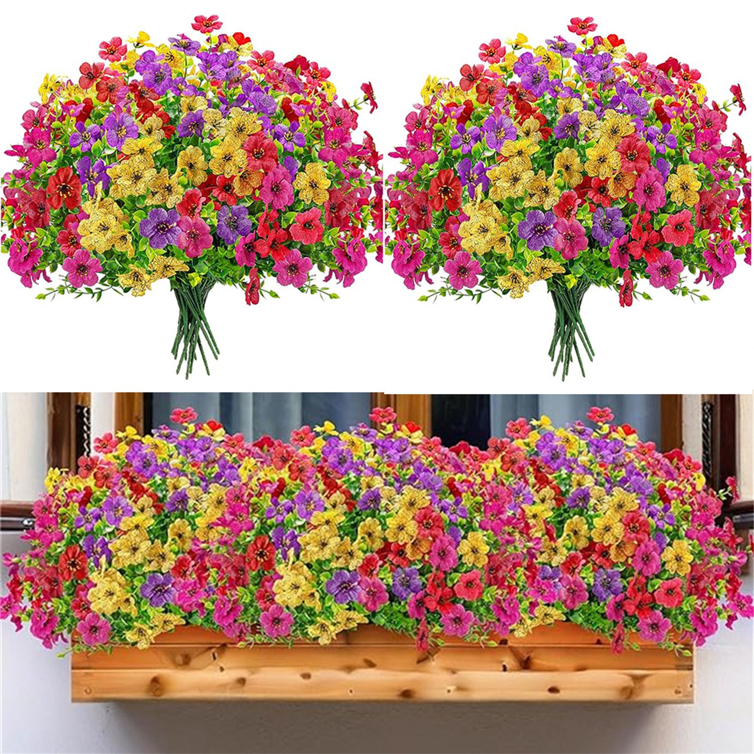 12 Bundels Kunstbloemen Voor Buiten - Kleurrijke Kunstbloemen - UV-bestendig - Kunstbloemenboeket Voor Buiten, Binnen, Tuin, Veranda, Feestdecoratie - (Geel + Rood + Paars + Roosrood)