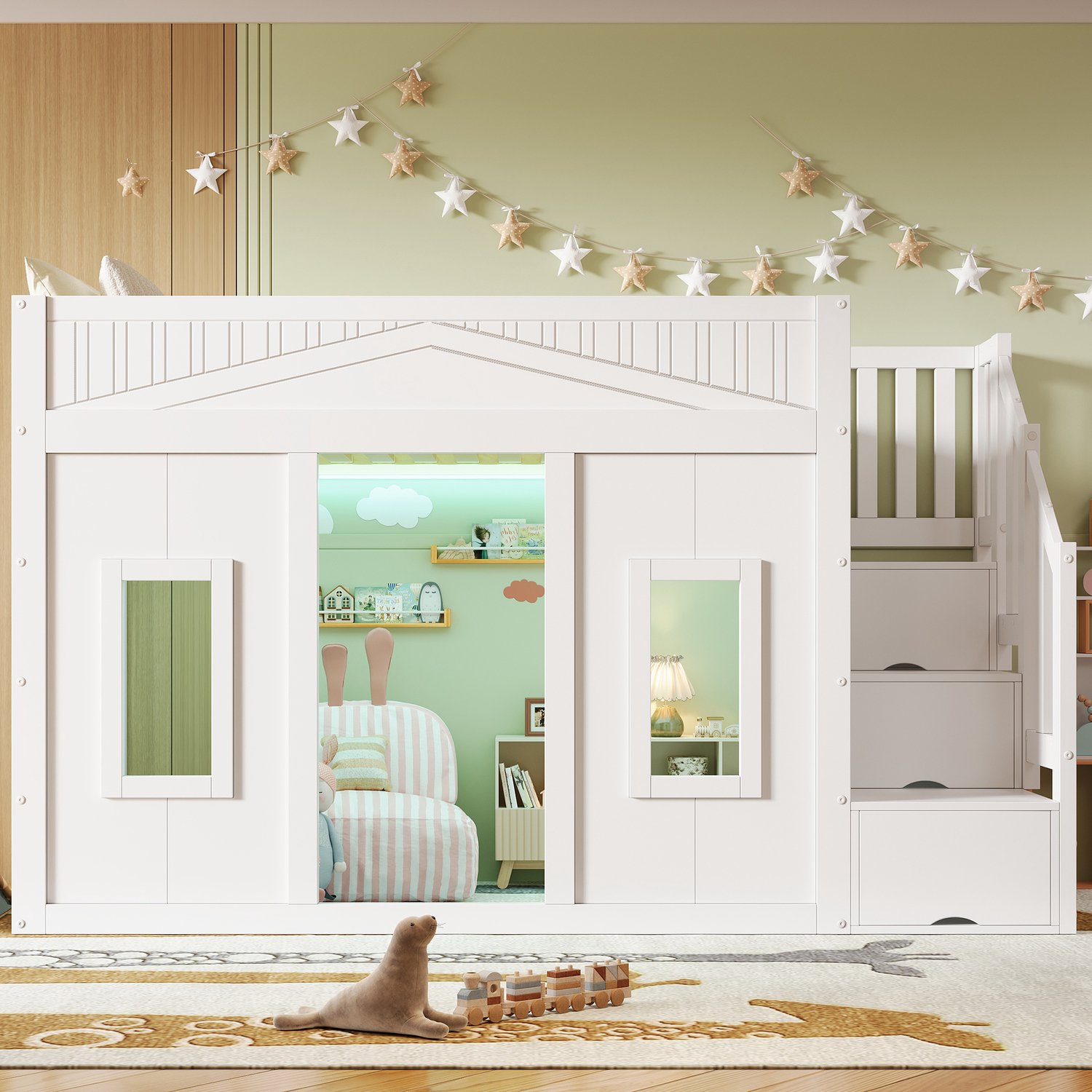 Welltin Hoogslaper - Kinderhoogslaper - 90 x 200 cm - Huisbed met Raam - Trap met 3 Opbergvakken - LED-verlichting - Valbeveiliging - Grenenhout en MDF - Wit