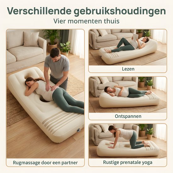 Opblaasbaar Zwangerschapskussen - Buikligkussen voor Zwangeren - Opblaasbaar Buikkussen - PVC Zwangerschapsmatras met Pomp - Ondersteunend Full Body Kussen voor Zwangere Vrouwen - 165 x 70 x 25 cm - Kaki — afbeelding 2