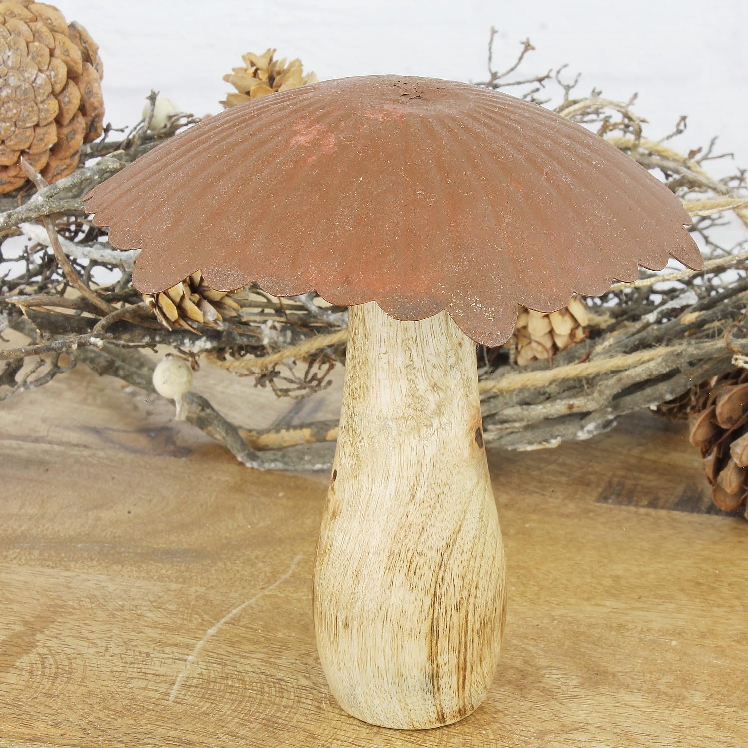 Decoratieve paddenstoel 17 cm - mangohout en metaal - beige roest - ideaal voor herfstdecoratie - Vemera