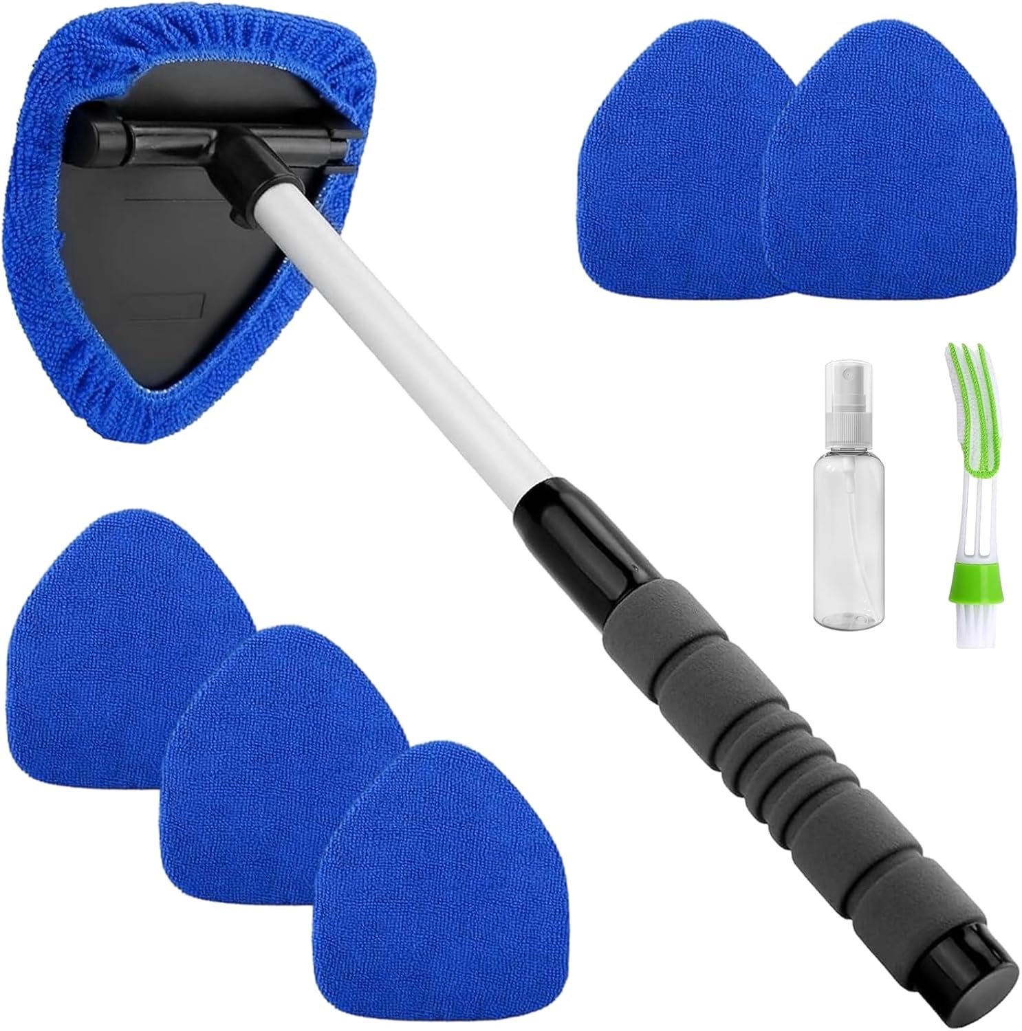 9 Pieces Car Window Cleaner with 6 Reusable Microfiber Pads, Extendable Long Handle and Spray Bottles, 180° Rotating Head Automatic Windscreen Bleed T