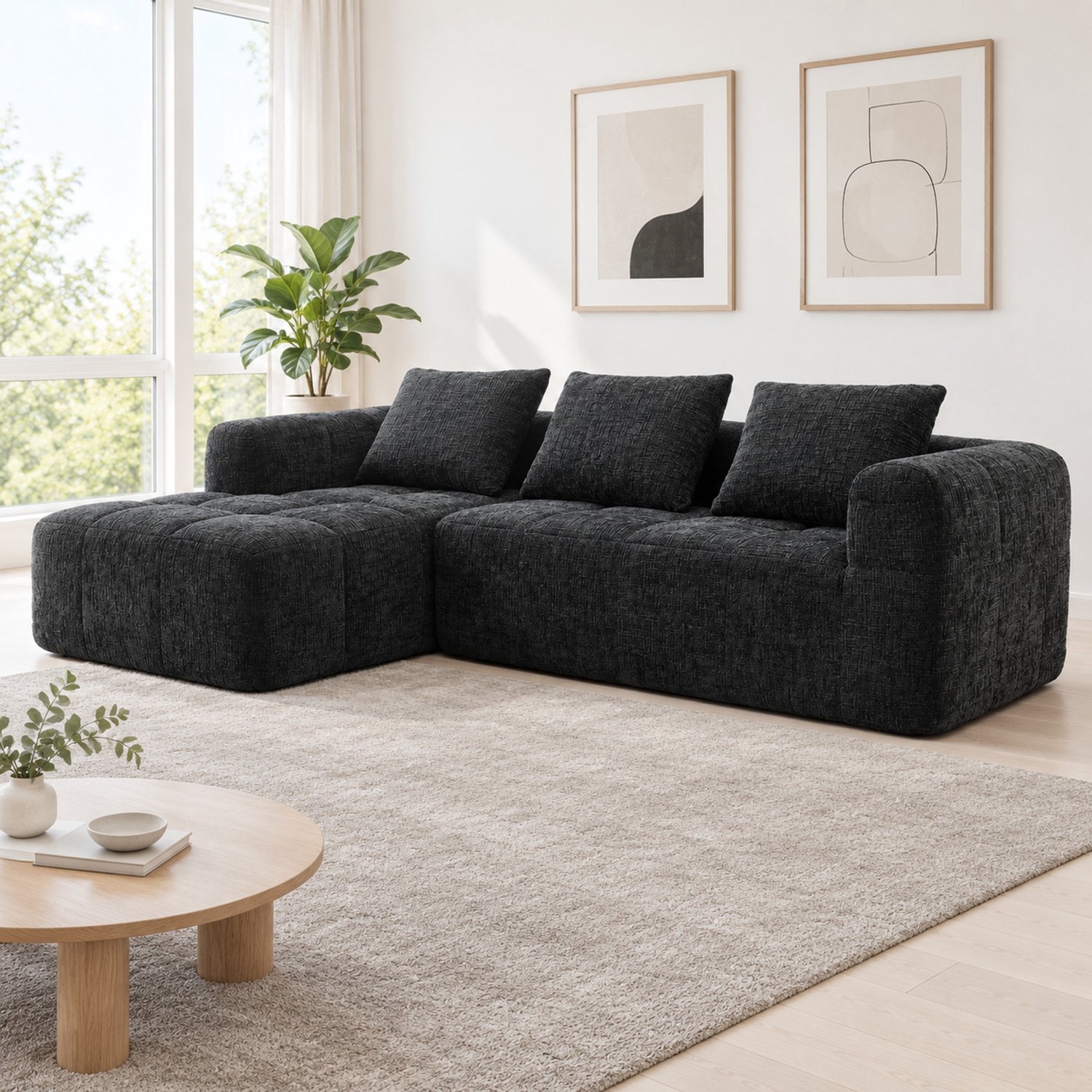 WUVRIE Hoekbank 250x158 cm - Met chaise longue, zijvakken en 3 kussens - Zwart