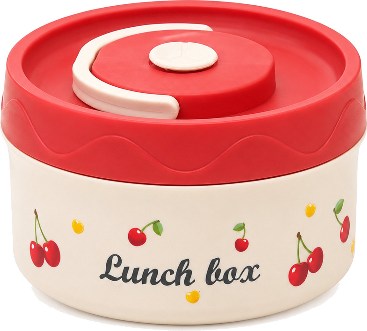Broodtrommel rvs 304, 440 ml, rond model met rood deksel en kersenprint