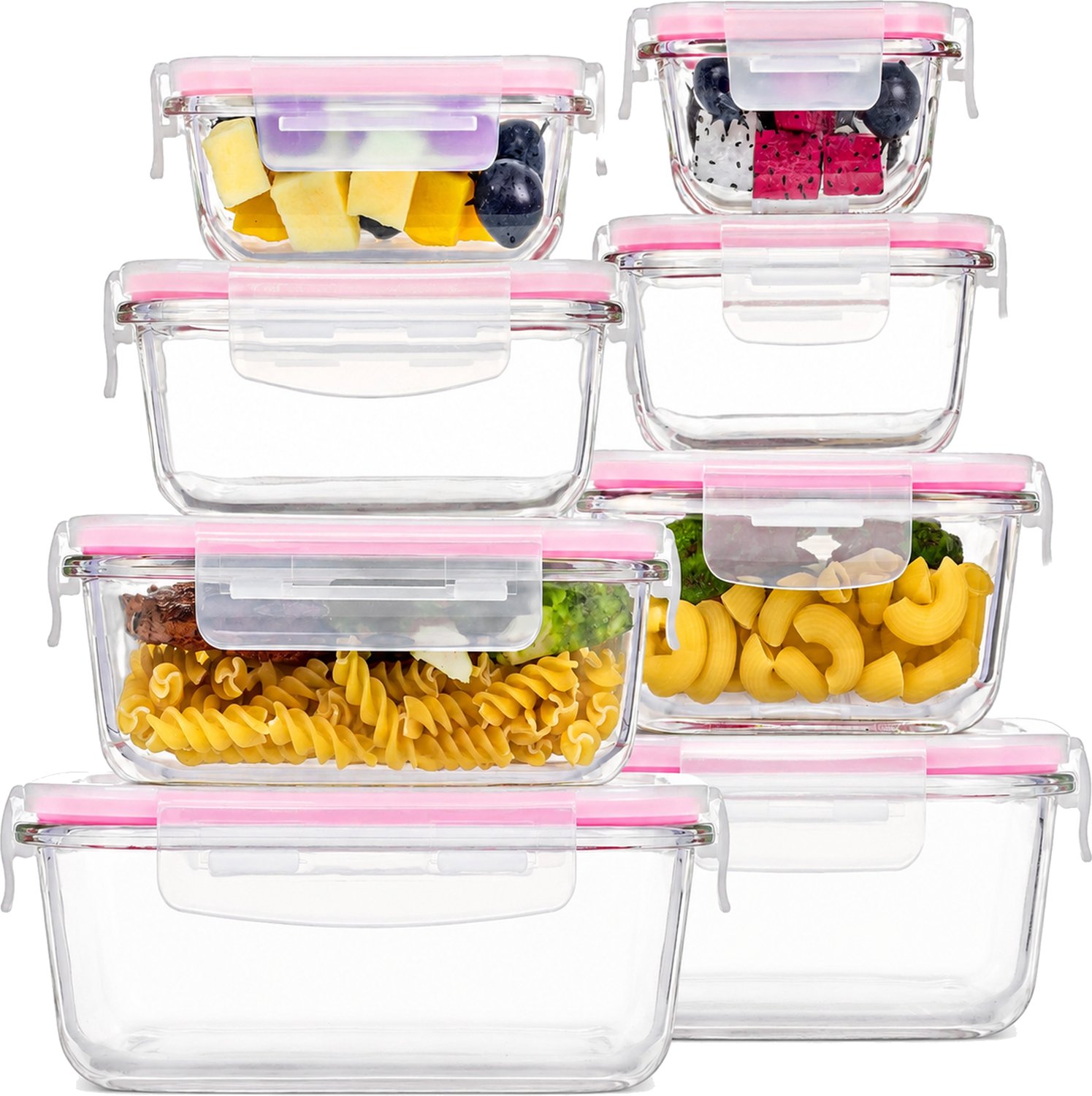 Lunchbox set met 8 glazen bewaardozen in verschillende formaten, met roze deksels