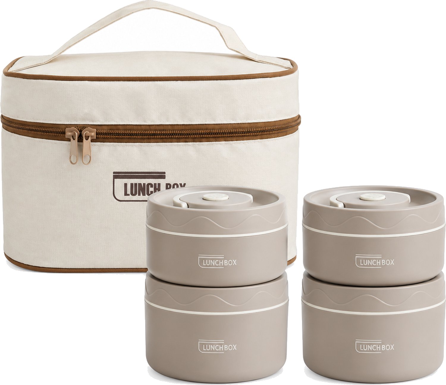 Donkerbruine broodtrommelset met 4 ronde bakjes, 2 × 440 ml en 2 × 600 ml, inclusief draagtas