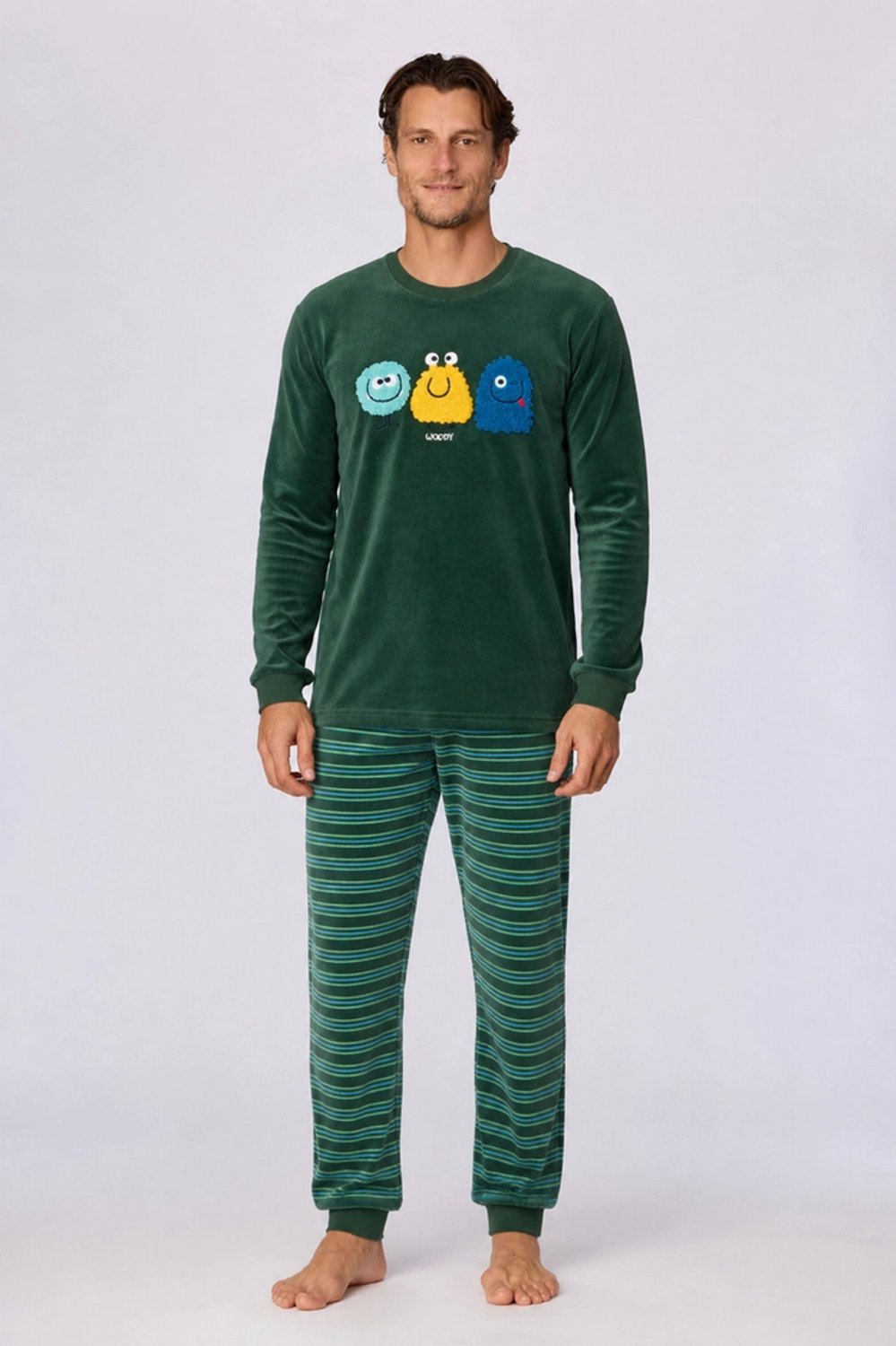 Woody pyjama jongens/heren velours - donkergroen - space buddies - 262-10-PLC-V/789 - maat XXL