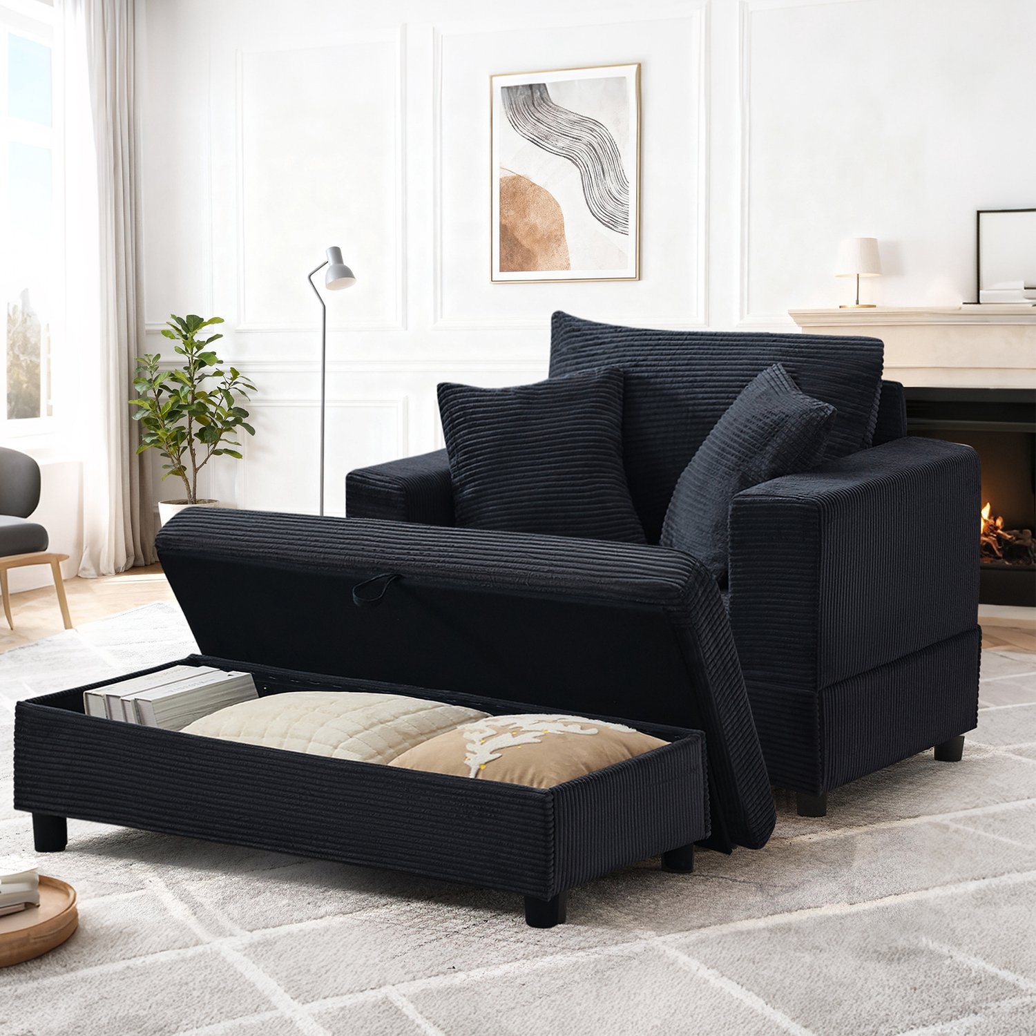 WUVRIE Chaise longue 107x74x57 cm - Met opbergvoetbank en 3 kussens - Zwart