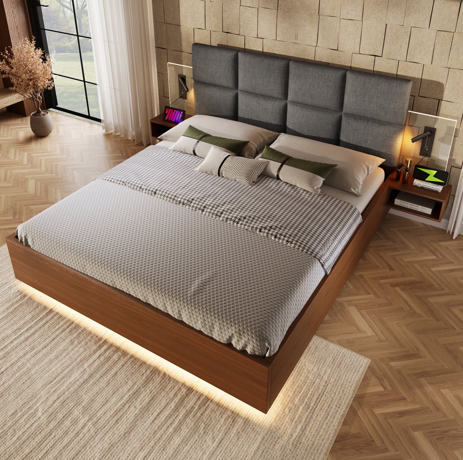 FloraGrace Bed 160x200 cm - Zwevende Nachtkastjes Met Leeslamp, USB A En USB C - Ledverlichting - Zonder Matras - MDF En Metaal - Grijs En Walnootkleur
