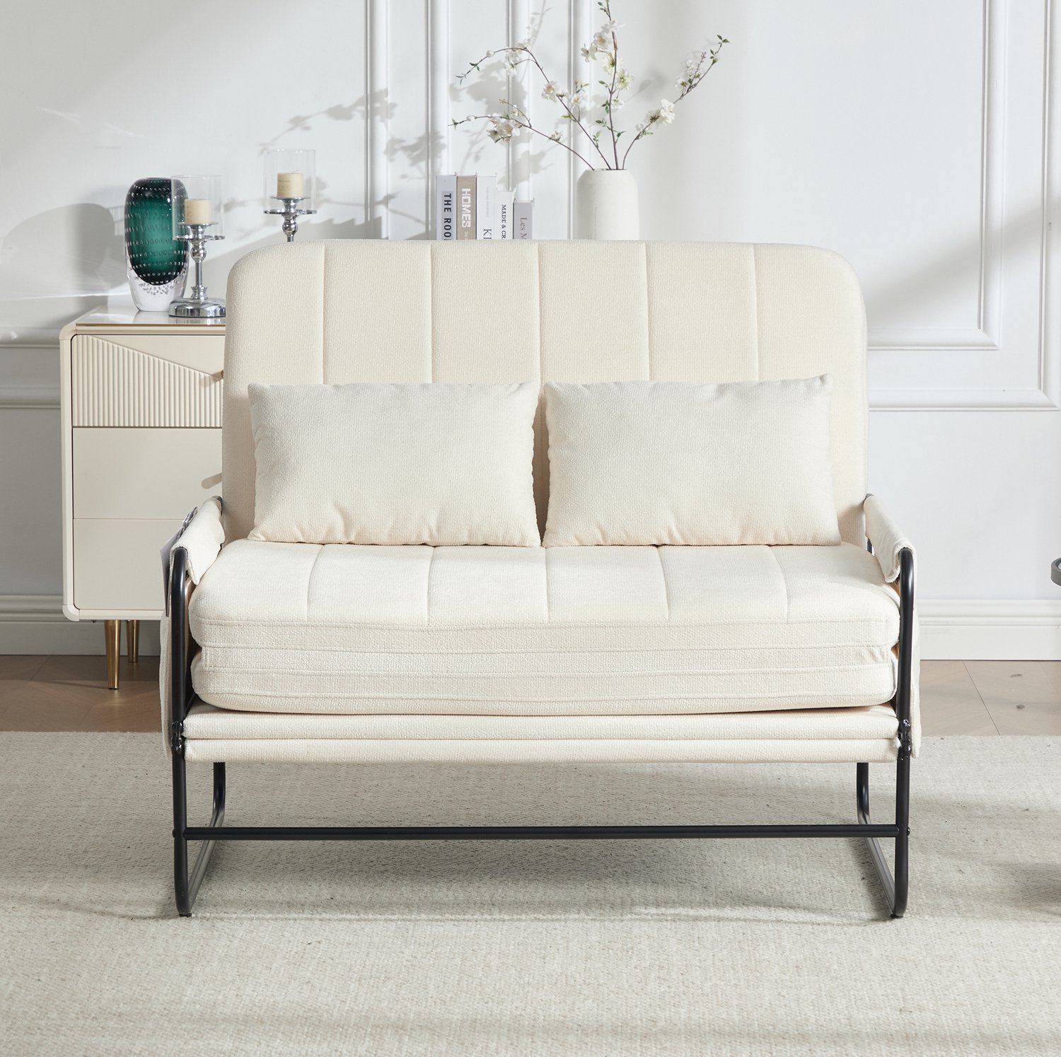 Wishdor Tweezits slaapbank - Uitklapbaar met slaapfunctie - Zijvakken en lendenkussen - Industrieel design - Woonkamer kantoor gastenverblijf - Chenille - Beige - 104 x 85 x 92 cm