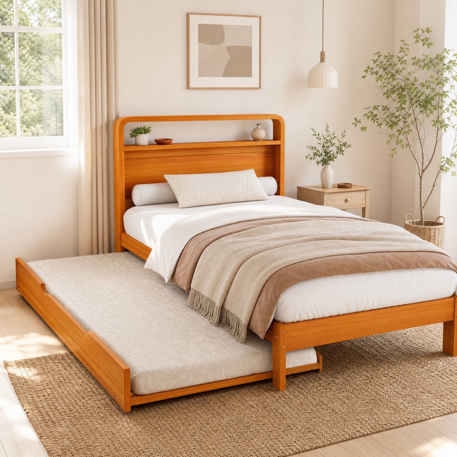 DESMIU Houten Bed 90x200 cm – Uitschuifbed 90x190 cm – Links of Rechts Monteerbaar – Ruimtebesparend Twee-in-een Bed – Naturel – Zonder Matras
