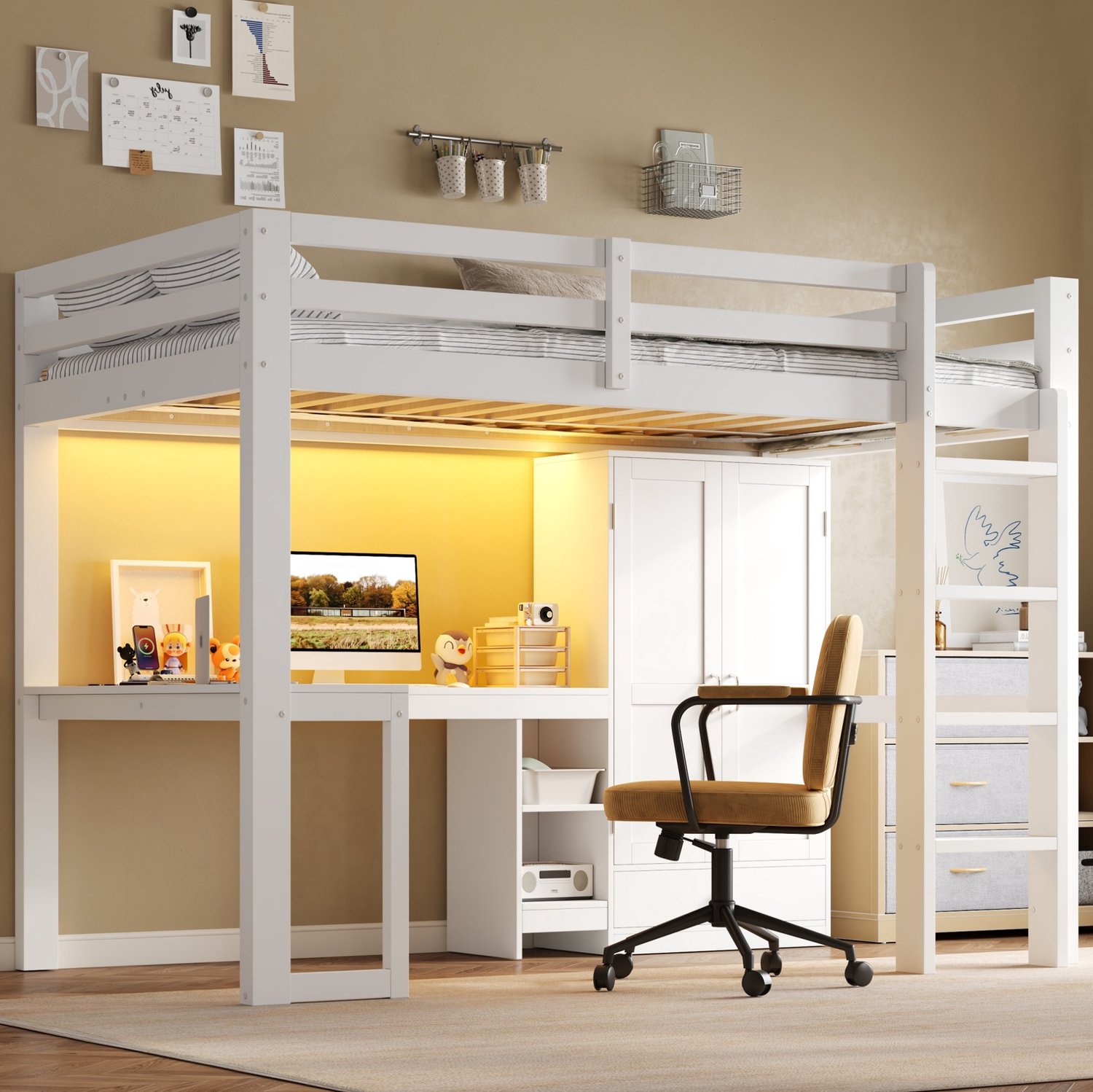 MODENUIT Hoogslaper Met Bureau – 90 X 200 Cm – Hout En MDF – Wit – Kledingkast, Ledverlichting En USB-Aansluiting