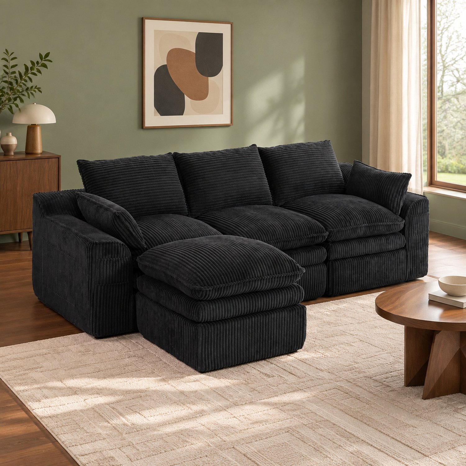 WUVRIE Modulaire 3-zits hoekbank 263x167 cm - Met hocker, kussens en zijvakken - Zwart