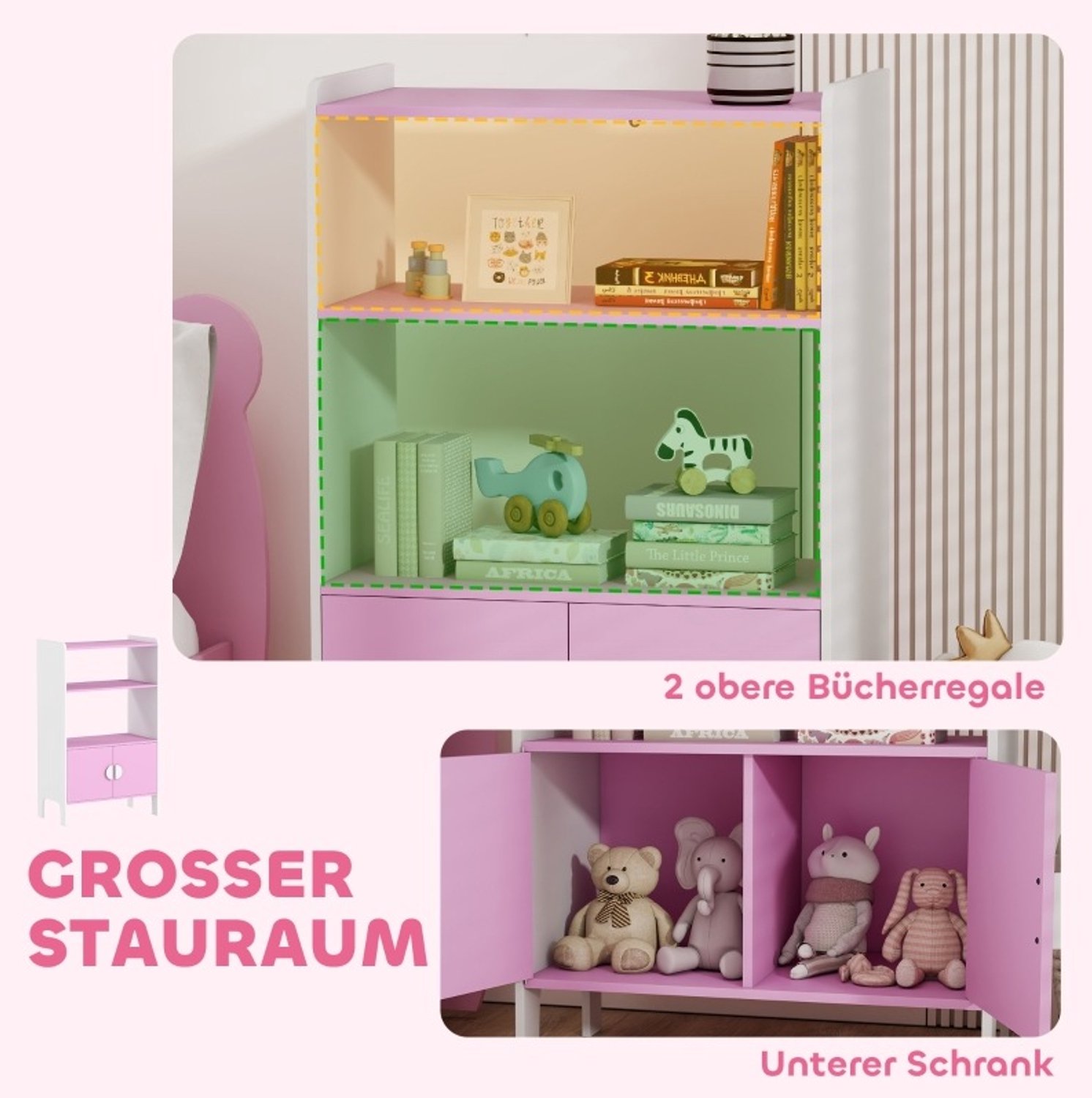 MIVRAY Kinderboekenkast – 2 Open Planken En 2 Kastvakken – 60 x 35 x 100 cm – MDF – Roze Wit – Kinderkamer – Antikantelset
