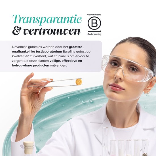 Laborant met veiligheidsbril houdt een gummy vast met een pincet. Tekst over onafhankelijke tests door Eurofins.