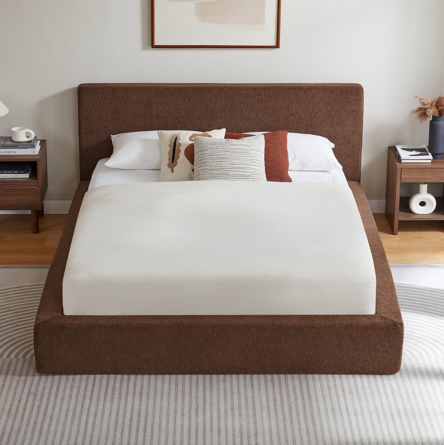 COVREO Bedframe met hoofdbord – 160x200 cm – Tweepersoonsbed met stalen frame – Lattenbodem voor volwassenen – Bruin - zonder matras