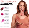 Vrouw met een potje gummies, naast grafieken met 95%, 89% en 85% klanttevredenheidsscores.