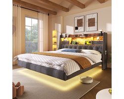 2-persoons bed 140x200 met LED en USB-C - Zwevend gestoffeerd bedframe,Tweepersoonsbed - donkergrijs - Hoofdeinde met opbergvak en snellaadpoort - App-gestuurde sfeerverlichting - 300 kg draagkracht, geschikt voor robotstofzuiger