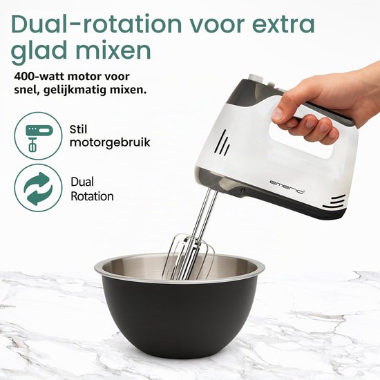 HM-130365 Elektrische handmixer, handmixer, handmixer met 400 watt, 5 snelheden en turboknop, extra lange garde, kneedhaak van roestvrij staal, geschikt voor vaatwasser, BPA-vrij — afbeelding 2
