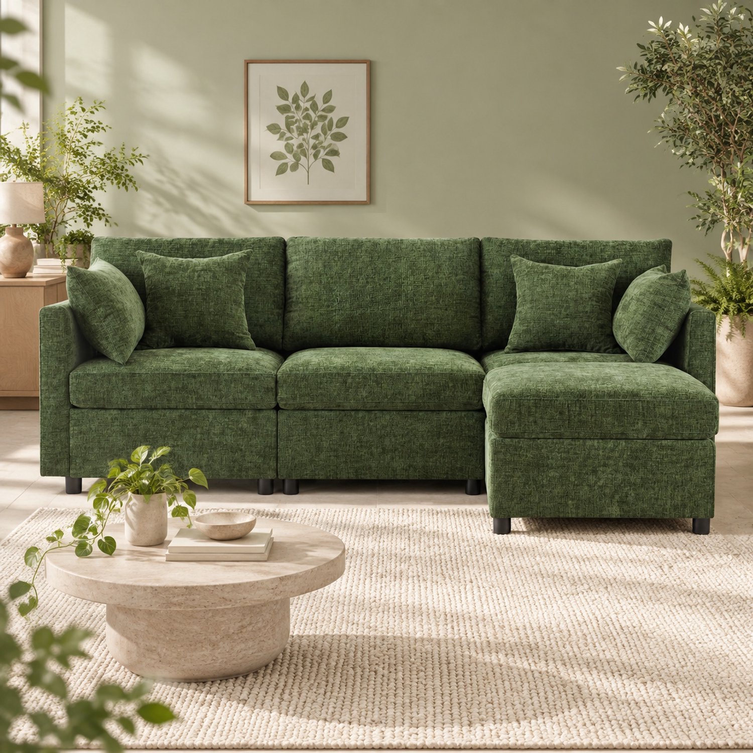 WUVRIE L-vormige hoekbank 216x161 cm - Modulair met verplaatsbare voetenbank en 4 kussens - Groen
