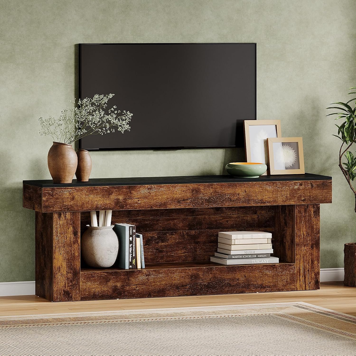 Tribesigns TV-Meubel - 160 x 35 x 60 cm - 2-laags TV-Standaard met Opbergruimte - TV-Kast voor Televisies tot 60/65/70 inch - rustiek bruin & zwart