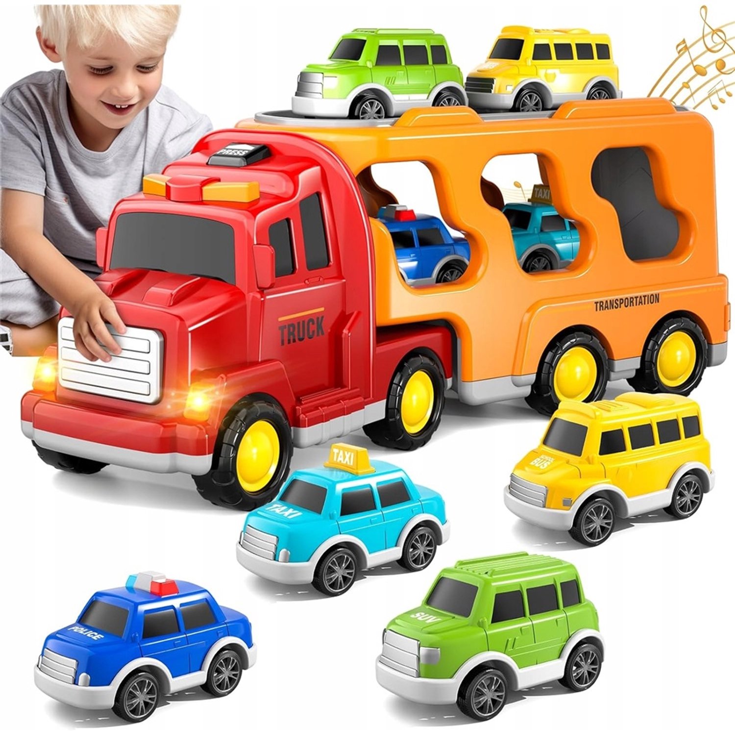 Vrachtwagen Speelgoedset - Grote Transporttruck - Transportvoertuig Speelset - 5-in-1 Vrachtwagentransporter - Incl. 4 Kleine Auto's - Licht & Geluid - Traagheidsaandrijving - Educatief Speelgoed - Rollenspel - Voor Kinderen 3-7 Jaar