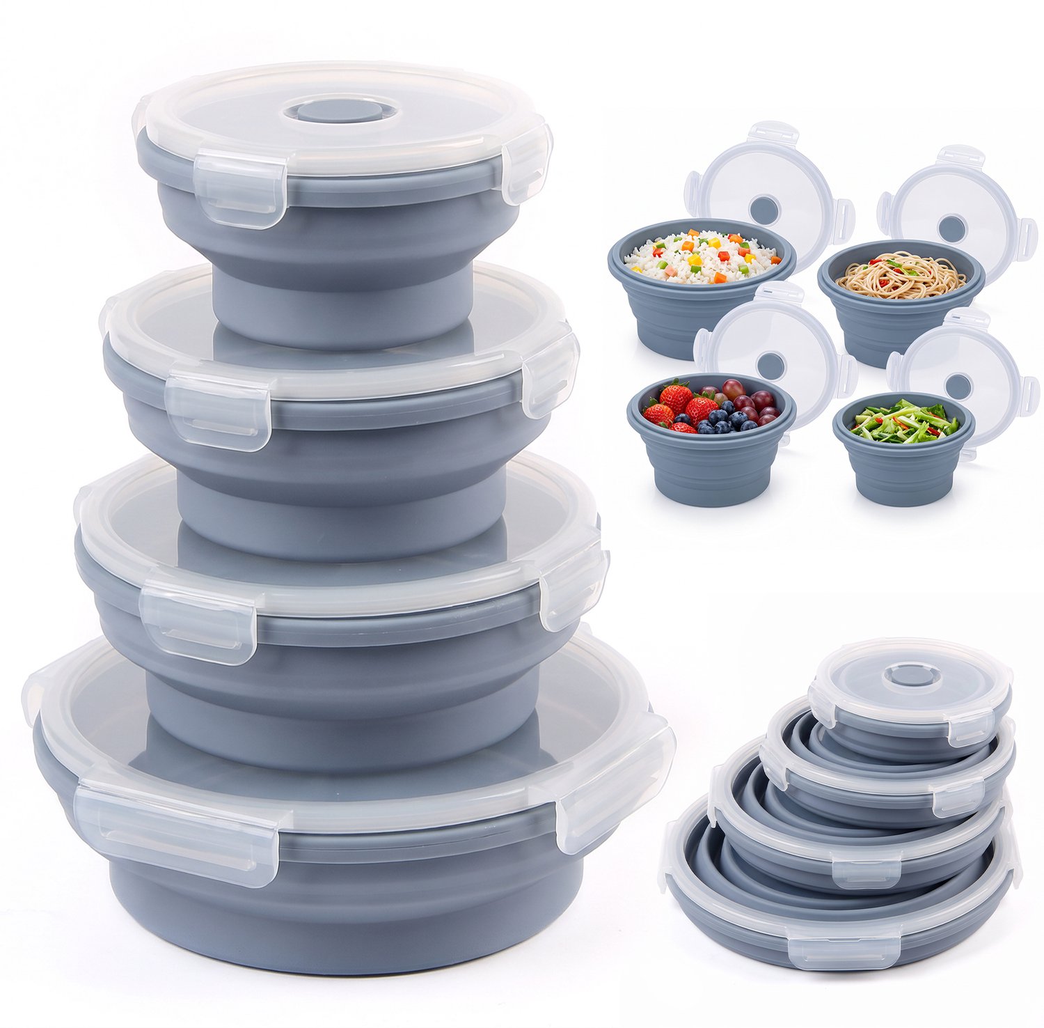Opvouwbare vershoudbakjes - 4-delige set - Meal Prep bakjes - Vershoudbakjes met deksel - ronde siliconen kommen - 350, 550, 800 en 1200 ml - klikdeksels met ventiel - Magnetron bakjes met deksel- ca. 3 cm ingeklapt - blauw