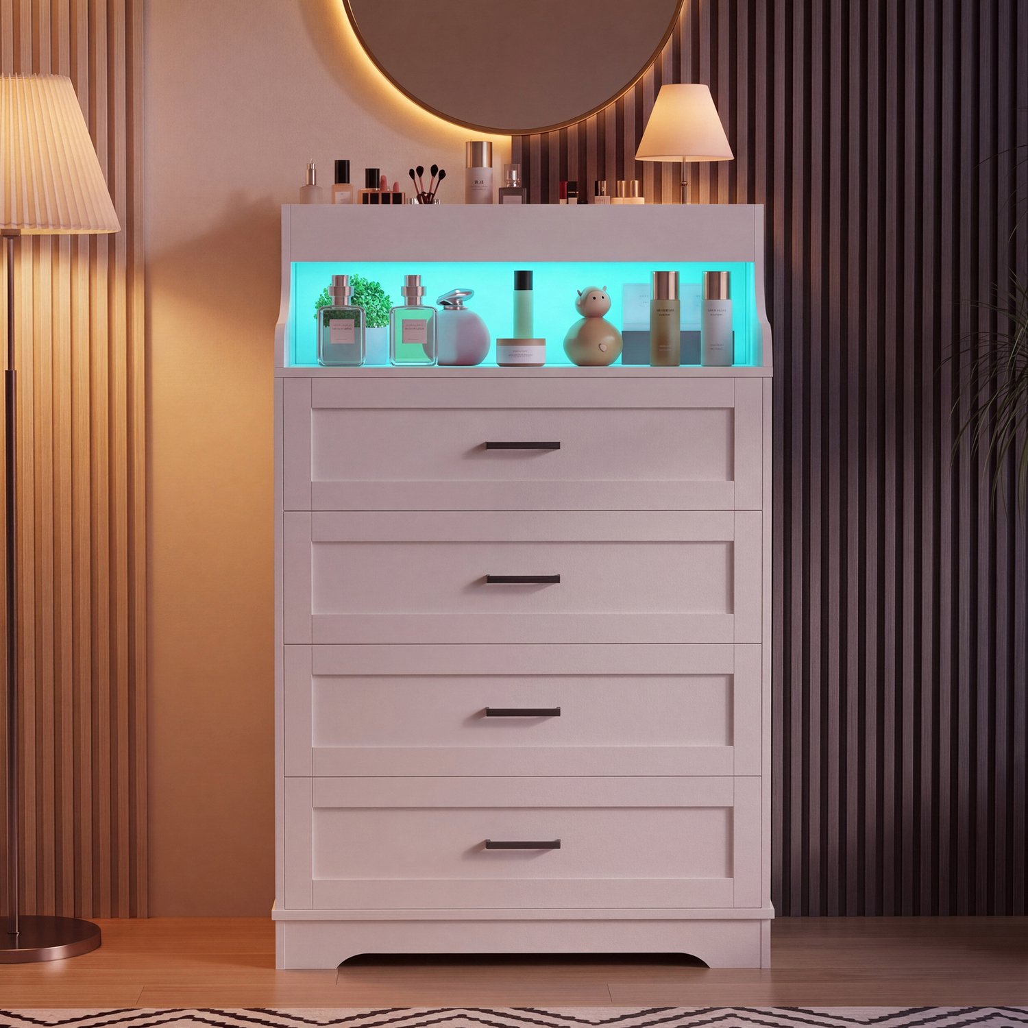 Ladekast met 4 Laden en RGB LED, 73 x 39,5 x 114 cm – Opbergkast met Open Vak, Metalen Kogellagerrails en Anti-kantelbevestiging