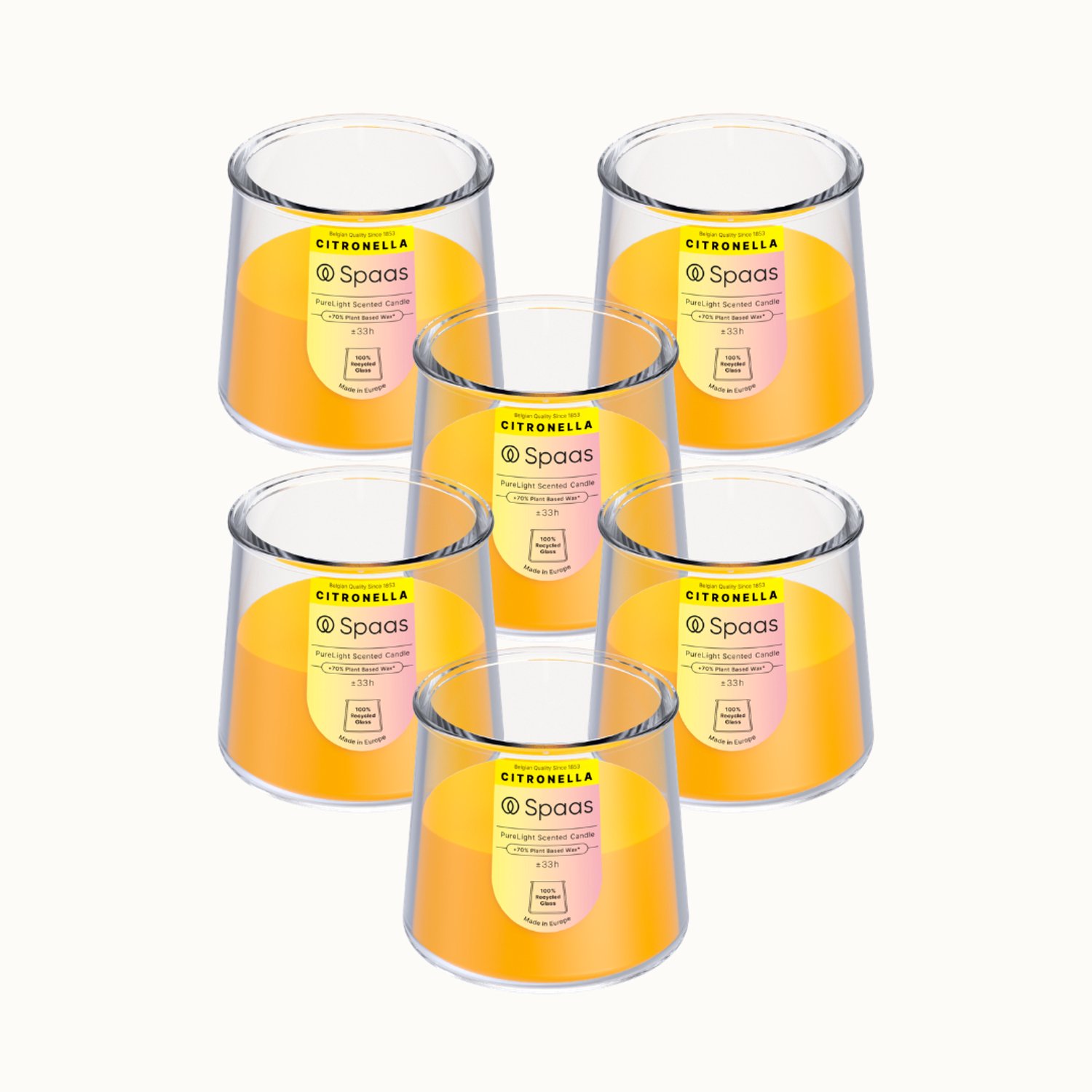 SPAAS PureLight Citronella Geurkaars – Levendig Geel – 100% gerecycleerd glas – circa 33u – 6 geurkaarsen