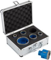 Qerato diamantboor set in zilveren koffer met schuiminterieur, inclusief 5 boren en 1 losse boor.