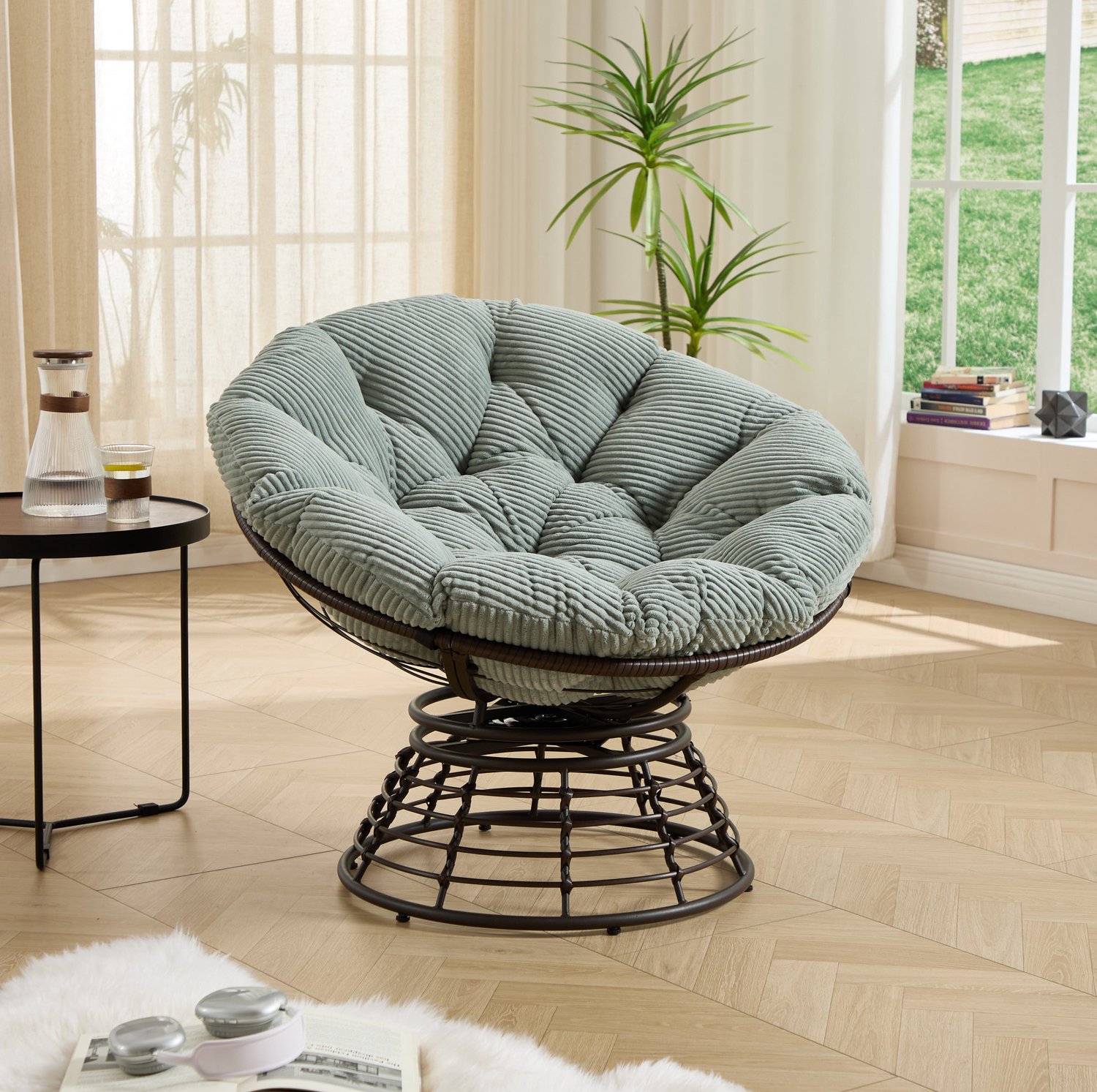 CHICFURN Papasan fauteuil - 360 graden draaibaar - Armloos - Lichtgroen