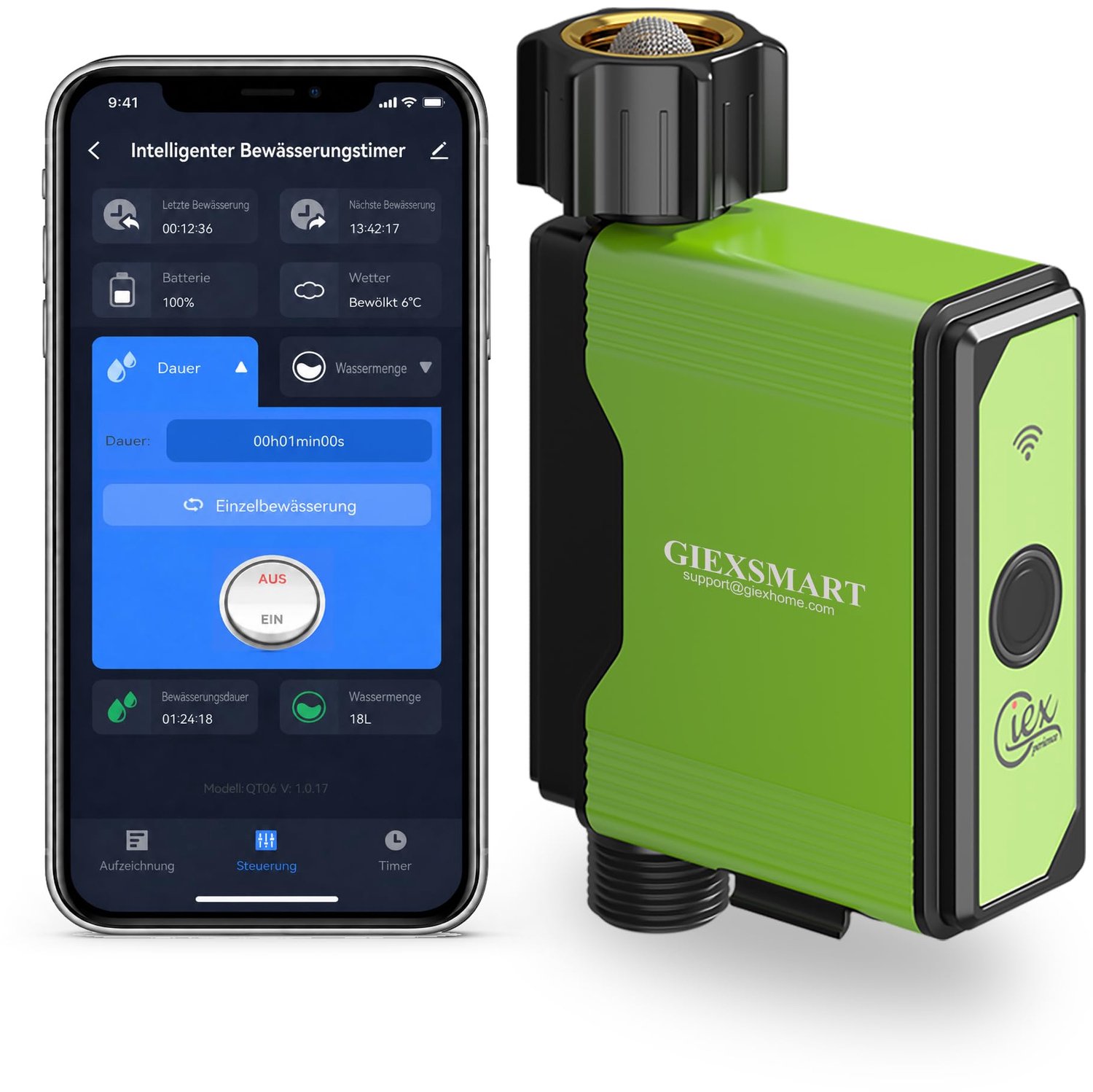 beregeningstimer met watermeter, -gateway vereist, timer voor tuinkraan met messing inlaat, bediening via /-app, compatibel met