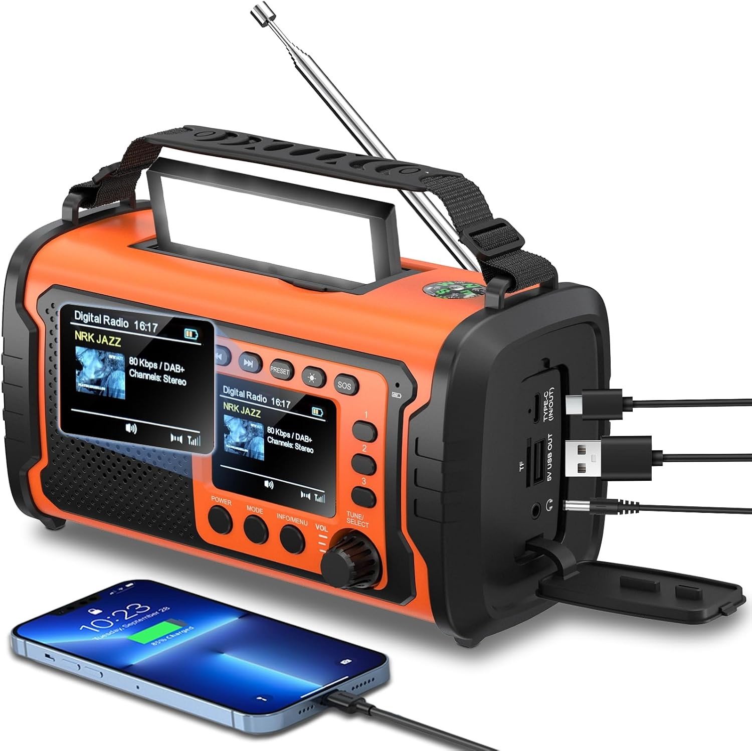 Noodradio met Powerbank - Oranje - 27000 mAh - Zonne- en Zwengelenergie - Voor Outdoor en Noodsituaties