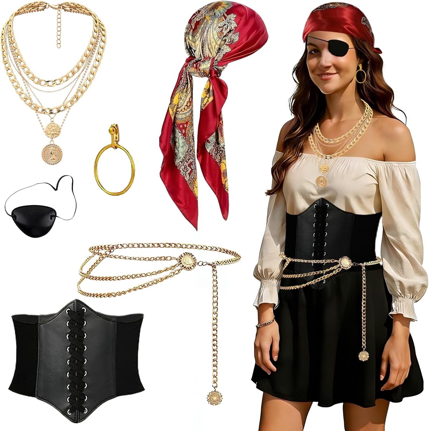 Piratenkostuum Accessoires voor Vrouwen - Set van 6 met Hoofddoek, Oorbellen en Sieraden voor Halloween Feest en Themaparty's
