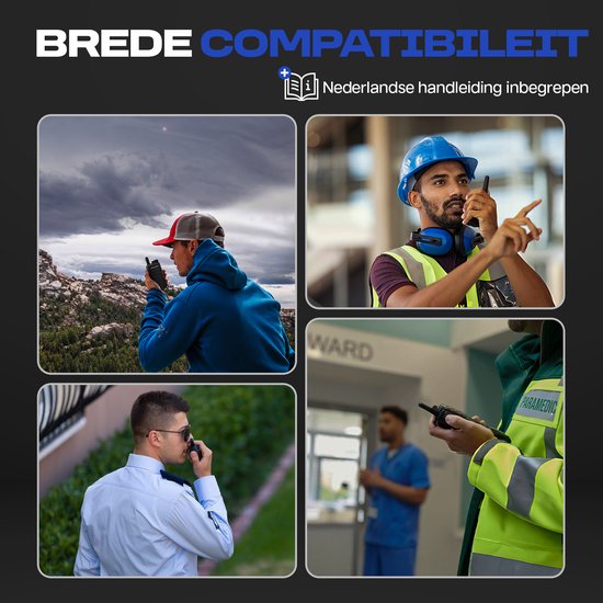 Vier personen in verschillende beroepen gebruiken Cor.Speed portofoons voor brede compatibiliteit en communicatie.