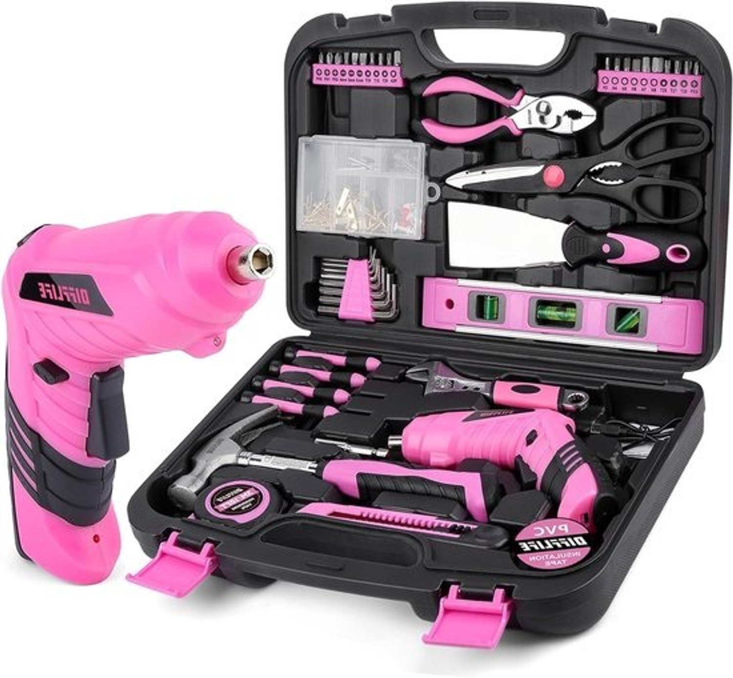 Gereedschapsset - Schroevendraaierset - Klusjes in huis - Oplaadbare schroevendraaier - 143 Delig - Roze