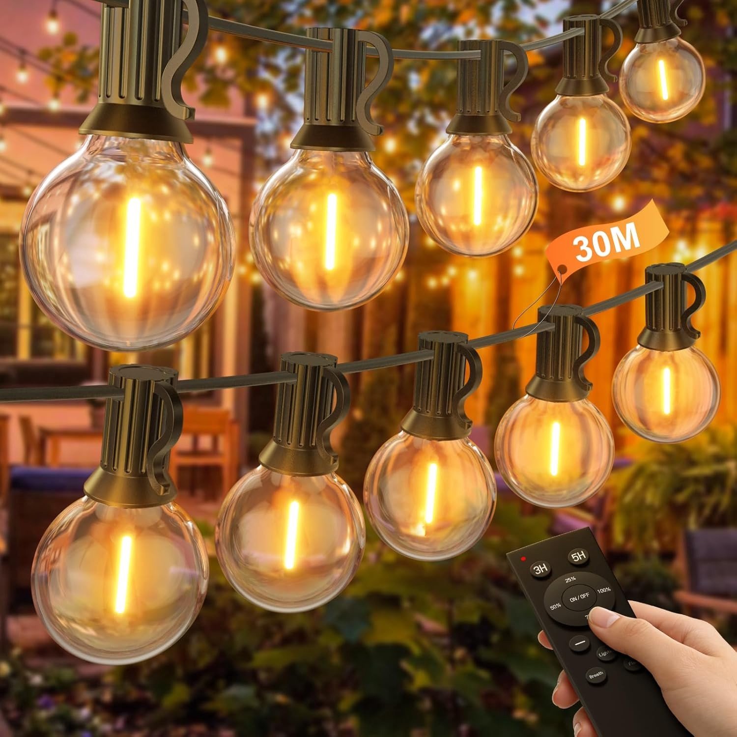 Dimbaar Lichtsnoer Buiten - 30M - Led Lichtketting met Afstandsbediening - Voor Tuin, Terras, Bruiloft en Feest