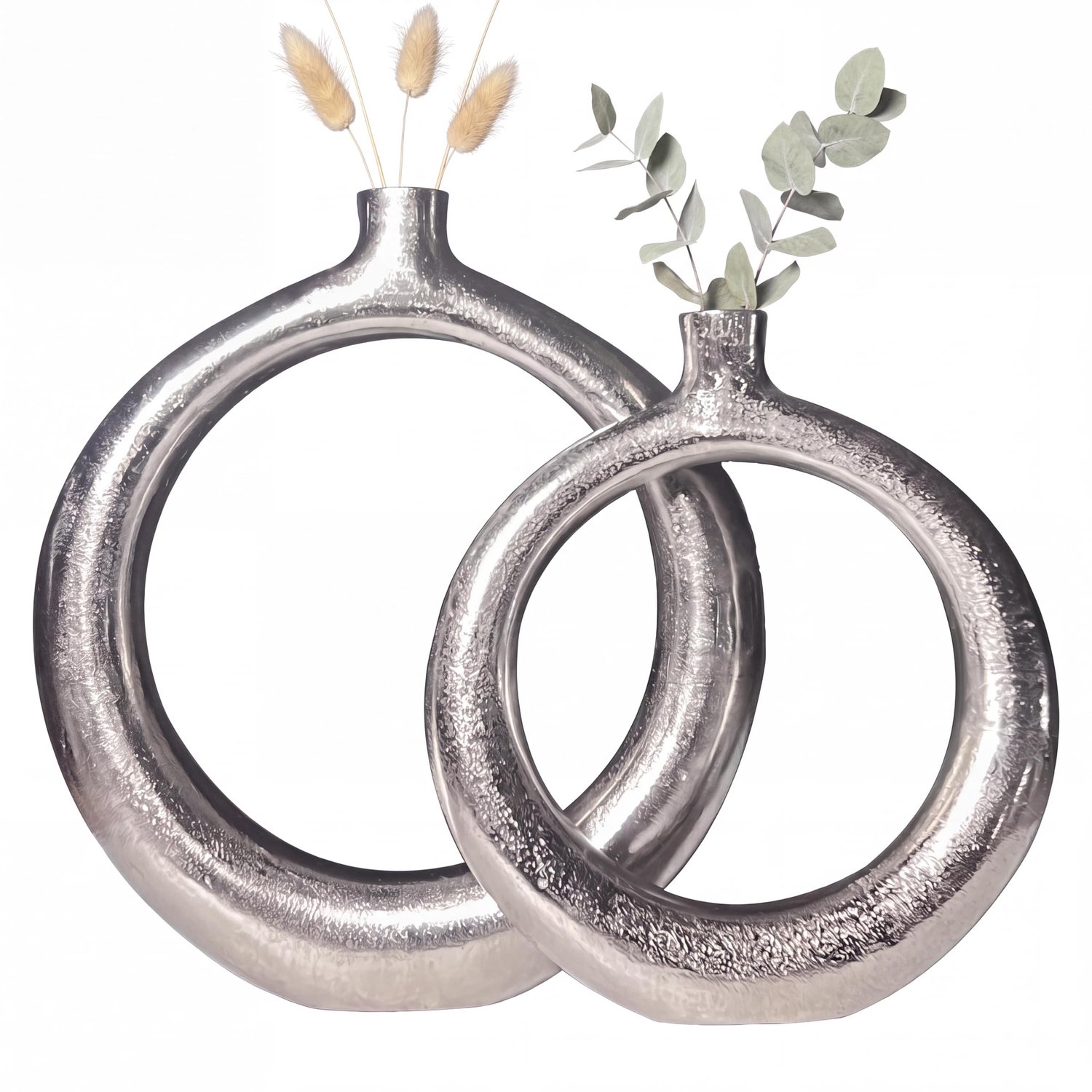 Famanu Set van 2 aluminium vazen in donutvorm, zilver, moderne bloemenvaas voor decoratie