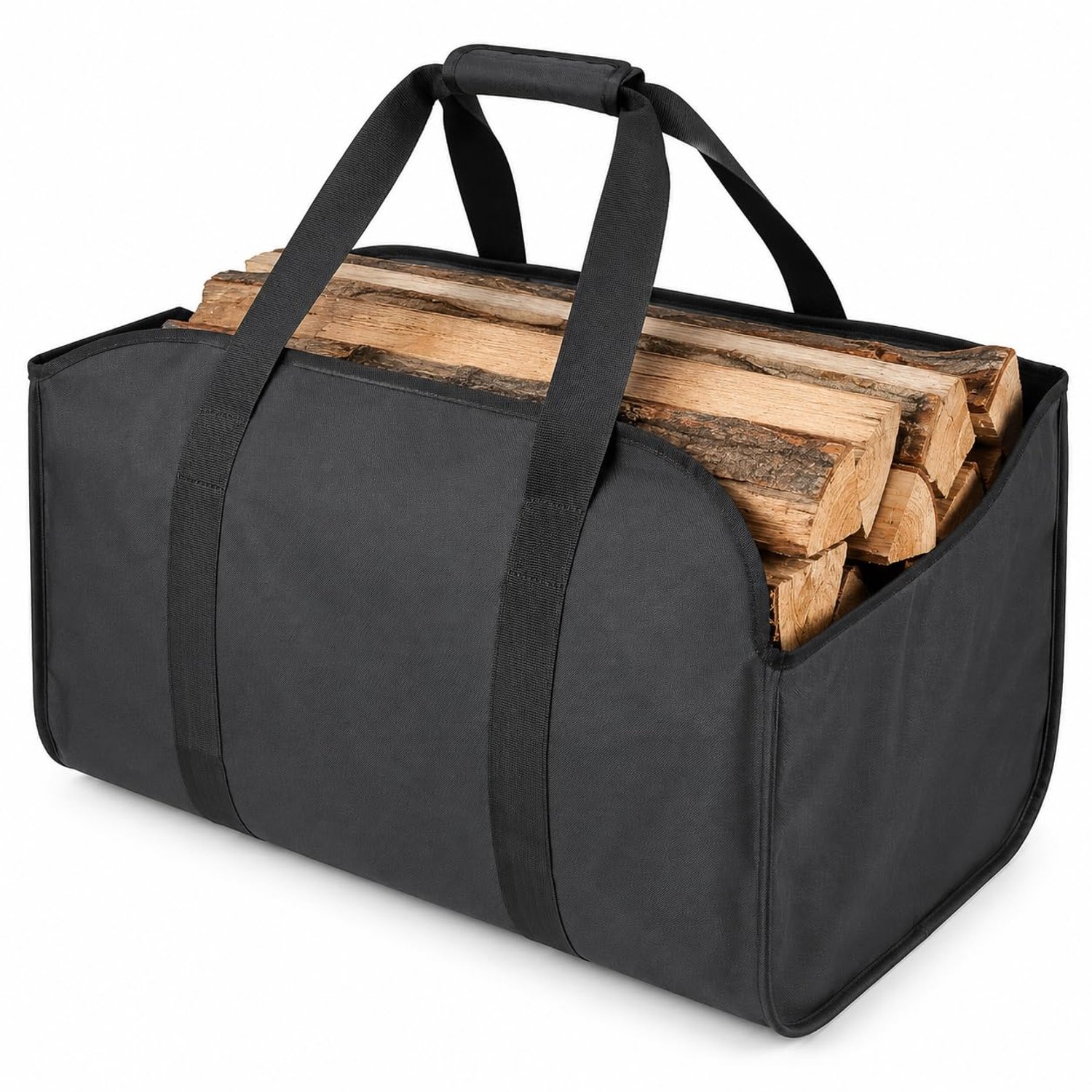 Famanu – Robuuste brandhouttas van 600D Oxford-weefsel, opvouwbare draagtas met gevoerde handgreep, grote tas voor haardhout, tuin en camping, XL formaat in zwart