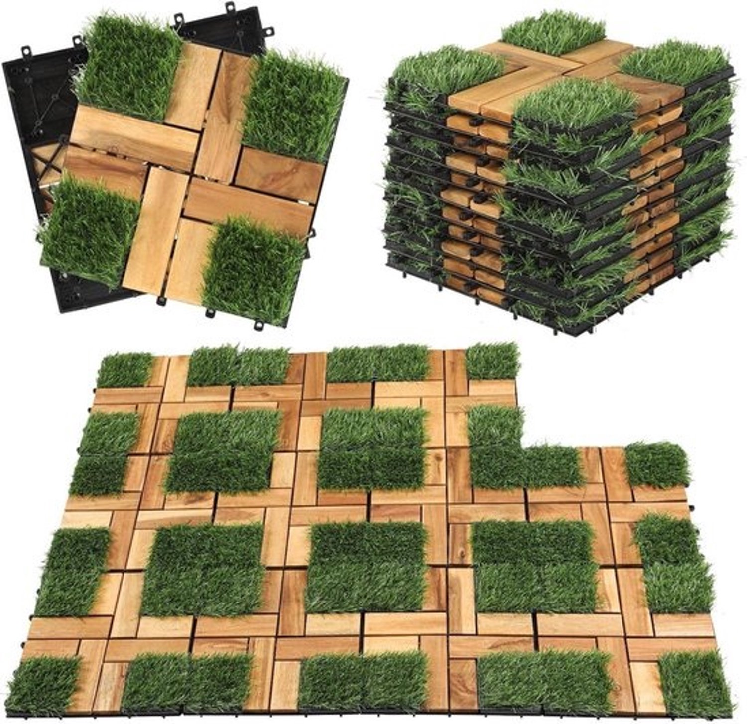 Houten Tegels Kunstgras - Balkontegels Vlondertegels - Buiten Vloer Leggen - Click Systeem - 30 x 30 cm - Lichtbruin Groen