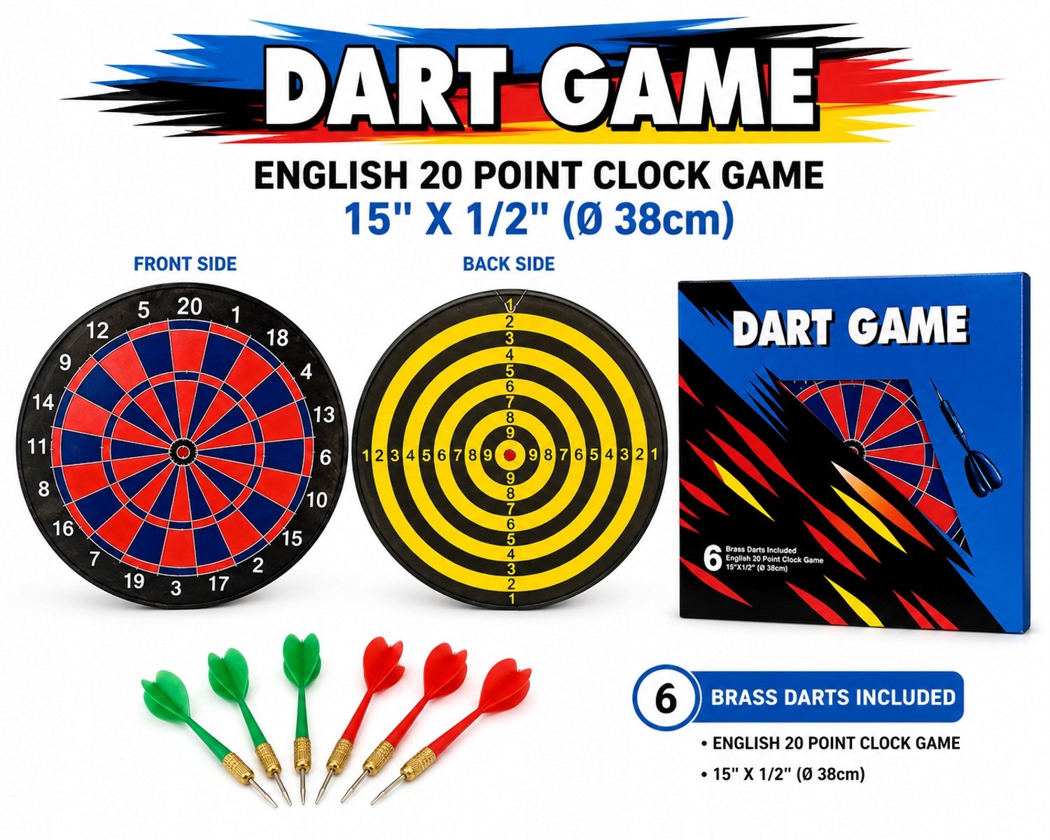 Merkloos Dartbord Set - Dubbelzijdig met 6 Messing Darts, 38 cm