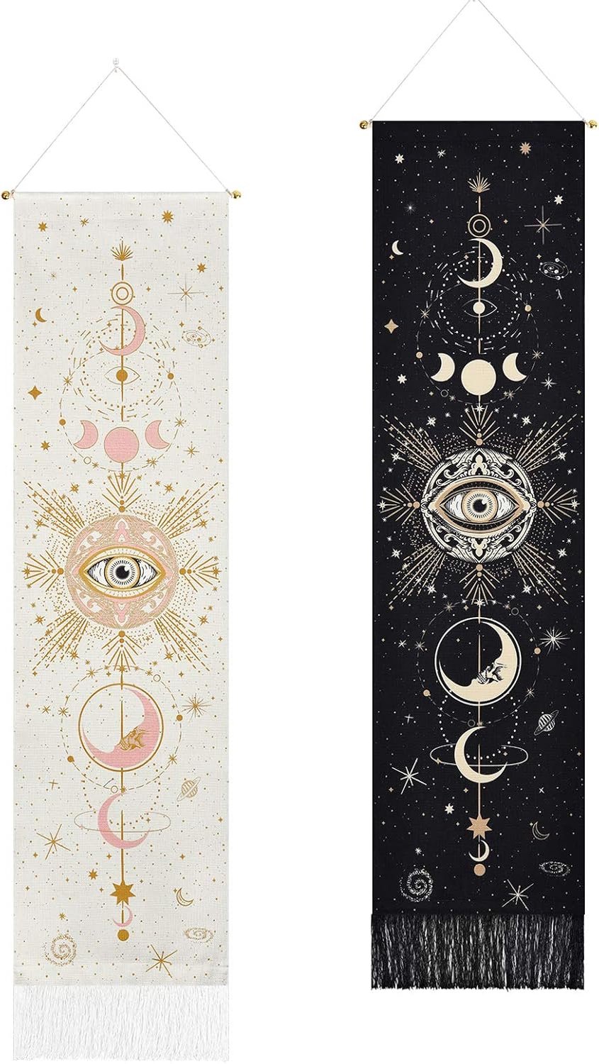 Yugarlibi Set of 2 Moon Phases Decorative Bohemian Cotton Long Tapestries, Flowers, Black and White, 130 x 32.5cm - ShopVlot