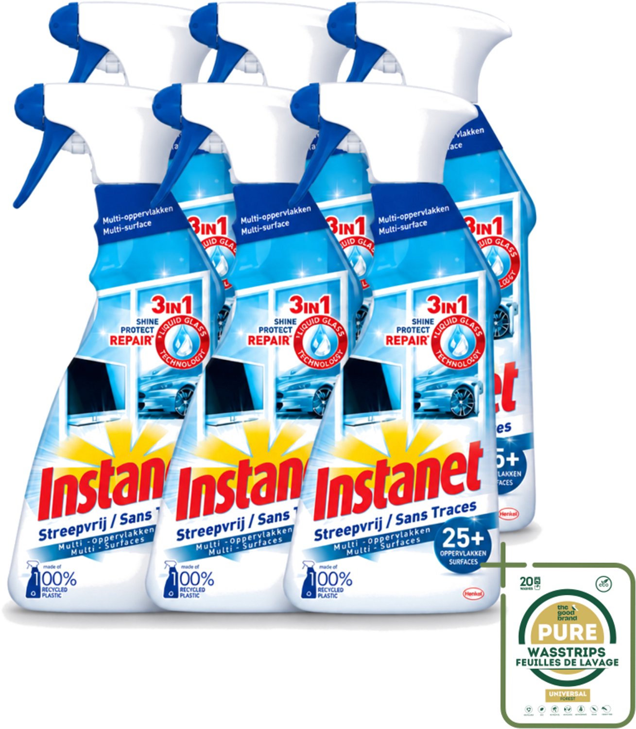 6 x Instanet - Schoonmaakspray - Streepvrij - 3 in 1 - Multi-Oppervlakken - 725 ml - Wasstrips - Schoonmaak Spray - Glas Reinigen - Streepvrije Reiniger - Tv Scherm Reinigen - Spiegel Reinigen