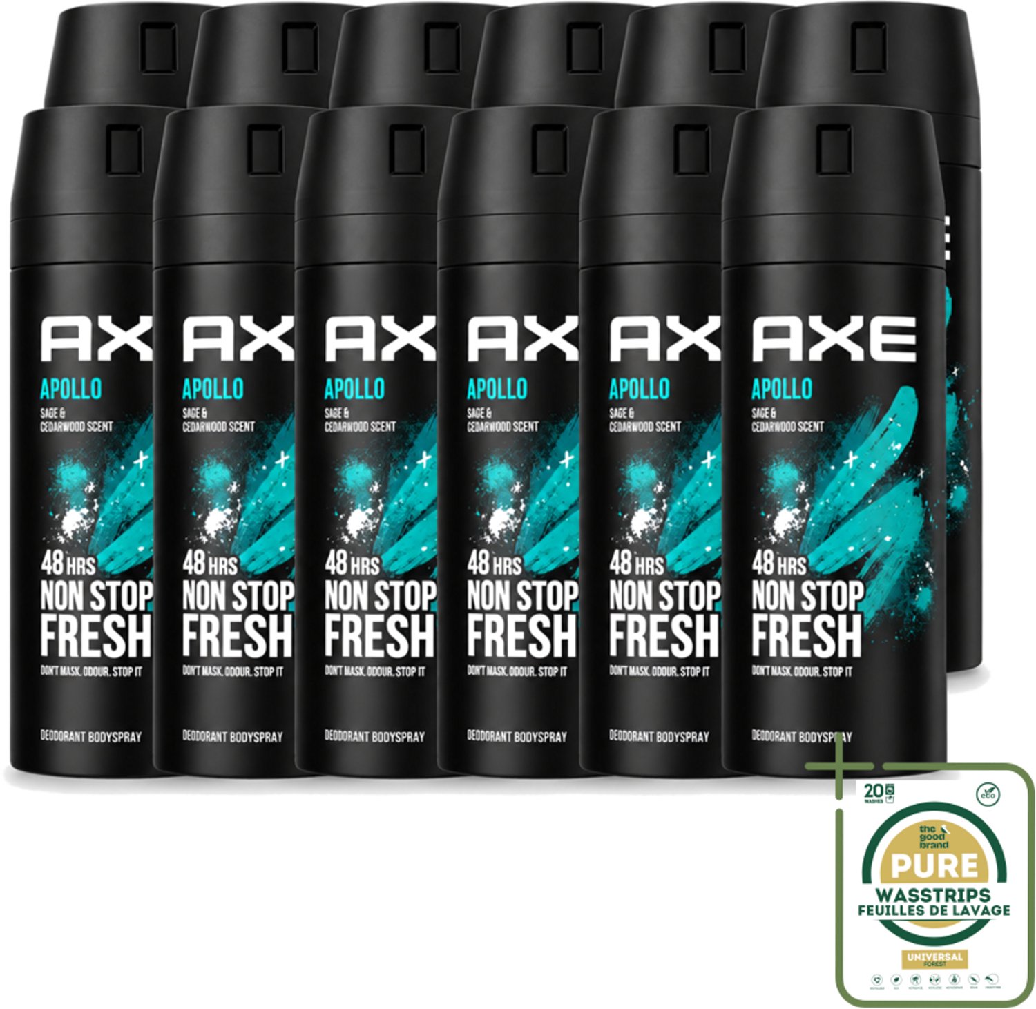 12 x Axe - Deodorant Bodyspray - 48hrs Fresh - Apollo - Sage & Cedarwoord - 150 ml - Wasstrips - 48 Uur Bescherming - Deodorant Sprayer - Geur Van Groen Fruit - Sandelhout - Verse Salie