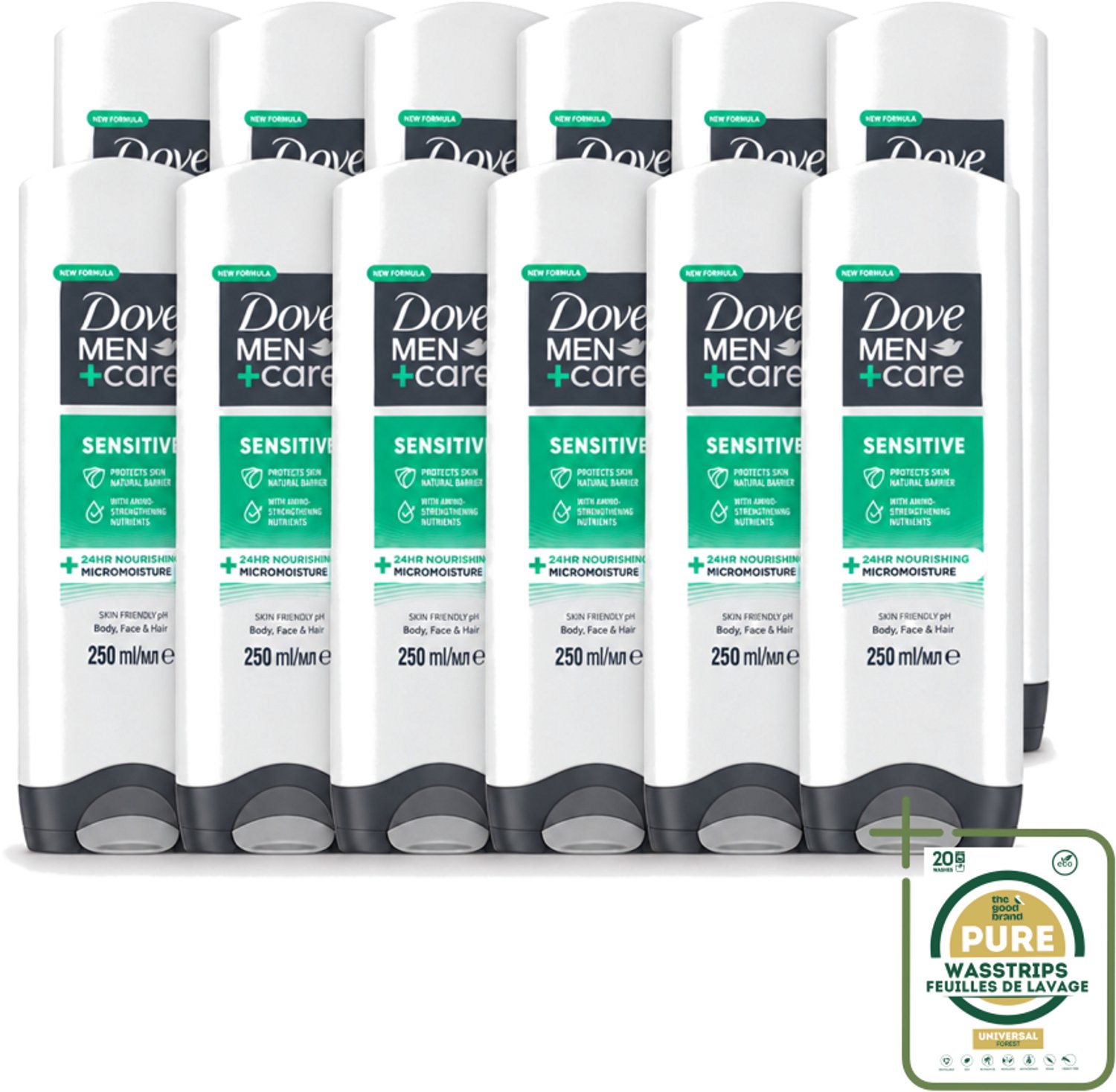 12 x Dove Men+Care - Sensitive - Douchegel 3-in-1 - Verzorgend - 250 ml - Wasstrips - Gevoelige Huid - Lichaamsgel - Gezichtsgel - Haarverzorging - Milde Reiniging