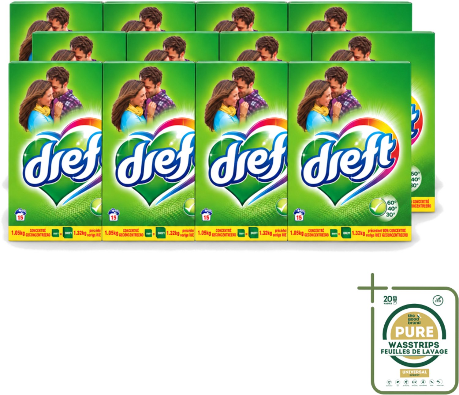 12 x Dreft - Waspoeder - Witte en Gekleurde Was - Original - 15 Wasbeurten - Wasstrips - Waspoeder - Kleurbescherming - Witte Was - Gekleurde Was - Reiniging