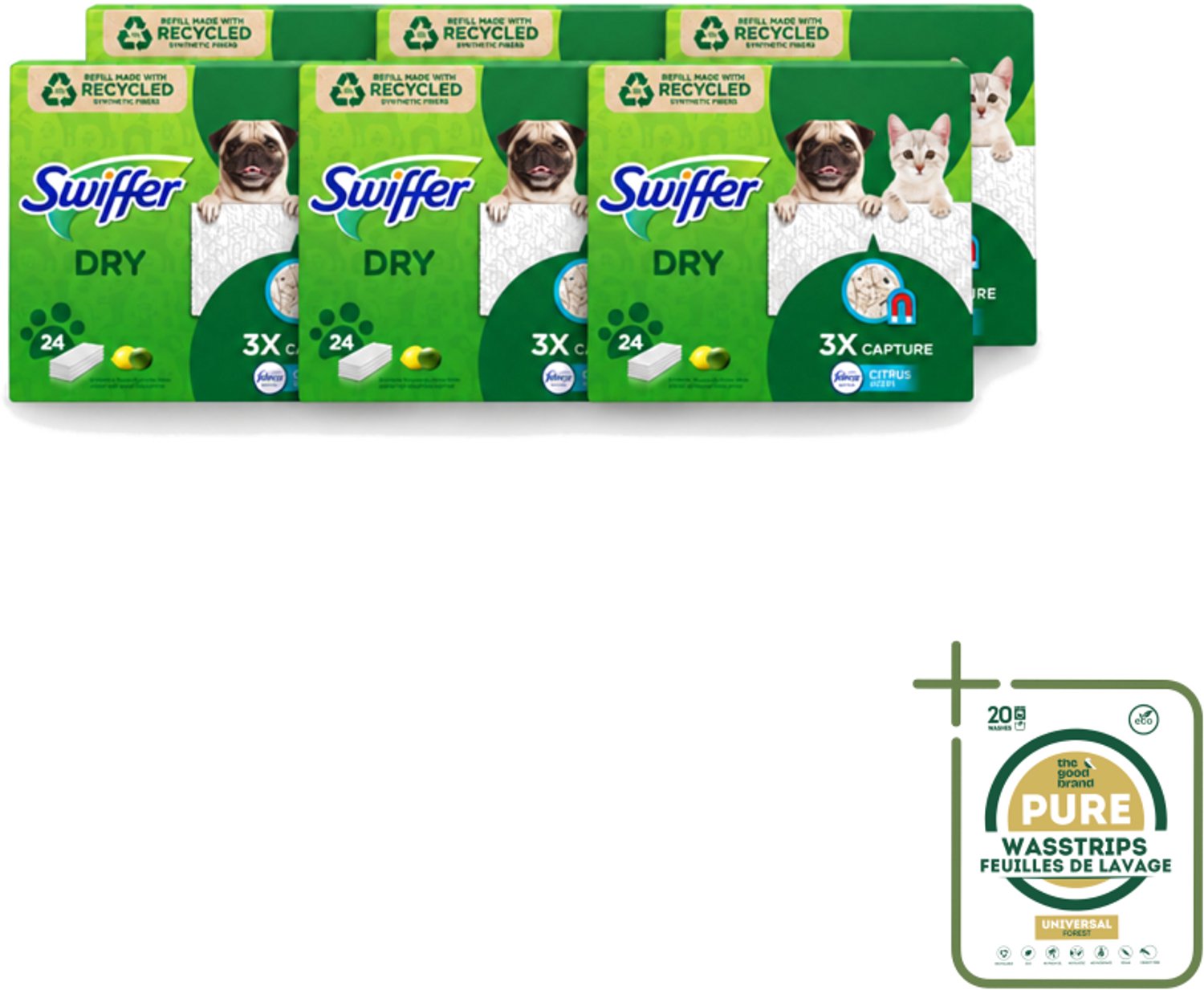 6 x Swiffer Dry - Vloerdoekjes - Navulling - Febreze Citroengeur - 24 Doekjes - Wasstrips - Vloerdoekjes - Schoonmaken - Stof Vangen - Vuil Vangen - Haren Vangen