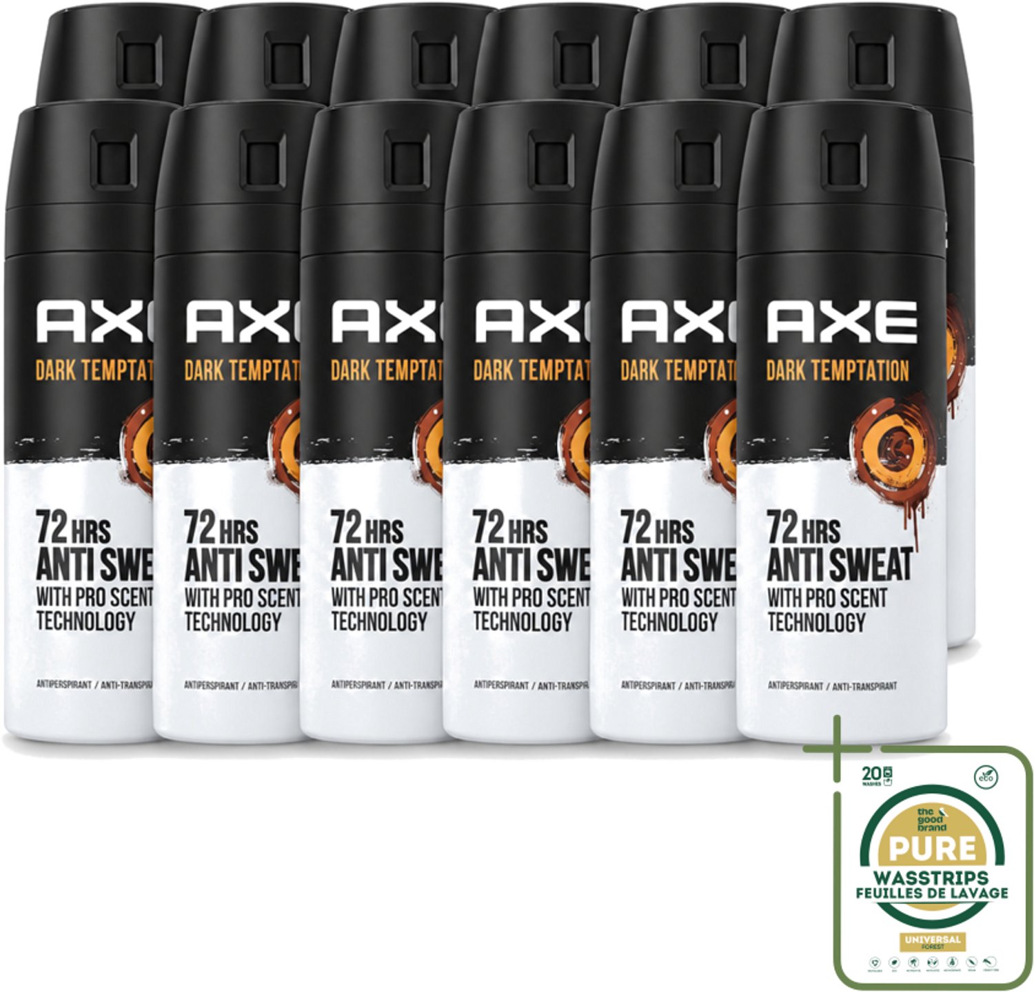 12 x Axe - Deodorant Spray - 72hrs Anti Sweat - Dark Temptation - 150 ml - Wasstrips - Anti-sweat Spray - 72 Uur Bescherming - Zweetvoorkomend - Geur Chocolade - Kruiden Geur