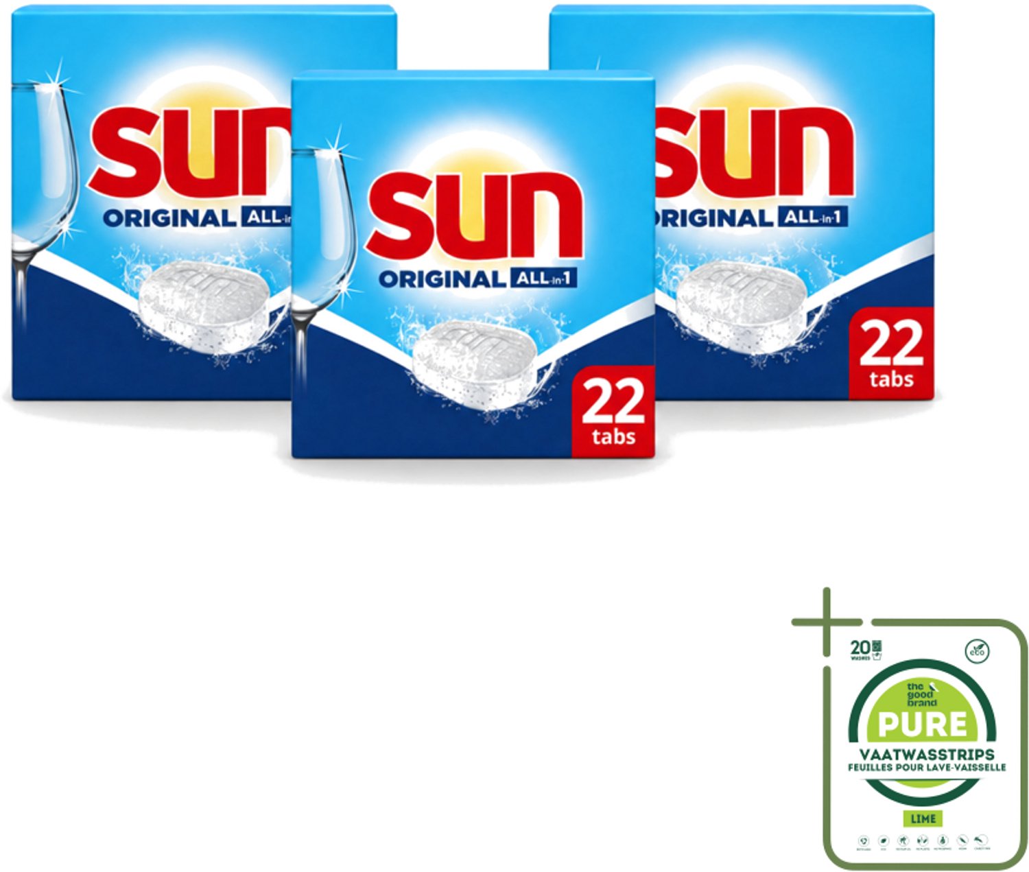 3 x Sun – Vaatwastabletten – All-in-1 Original – 22 tabletten - Grootverpakking - Vaatwasstrips - Vaatwastabletten - Vaatwassen - Reiniging - Glans - Spoelglans