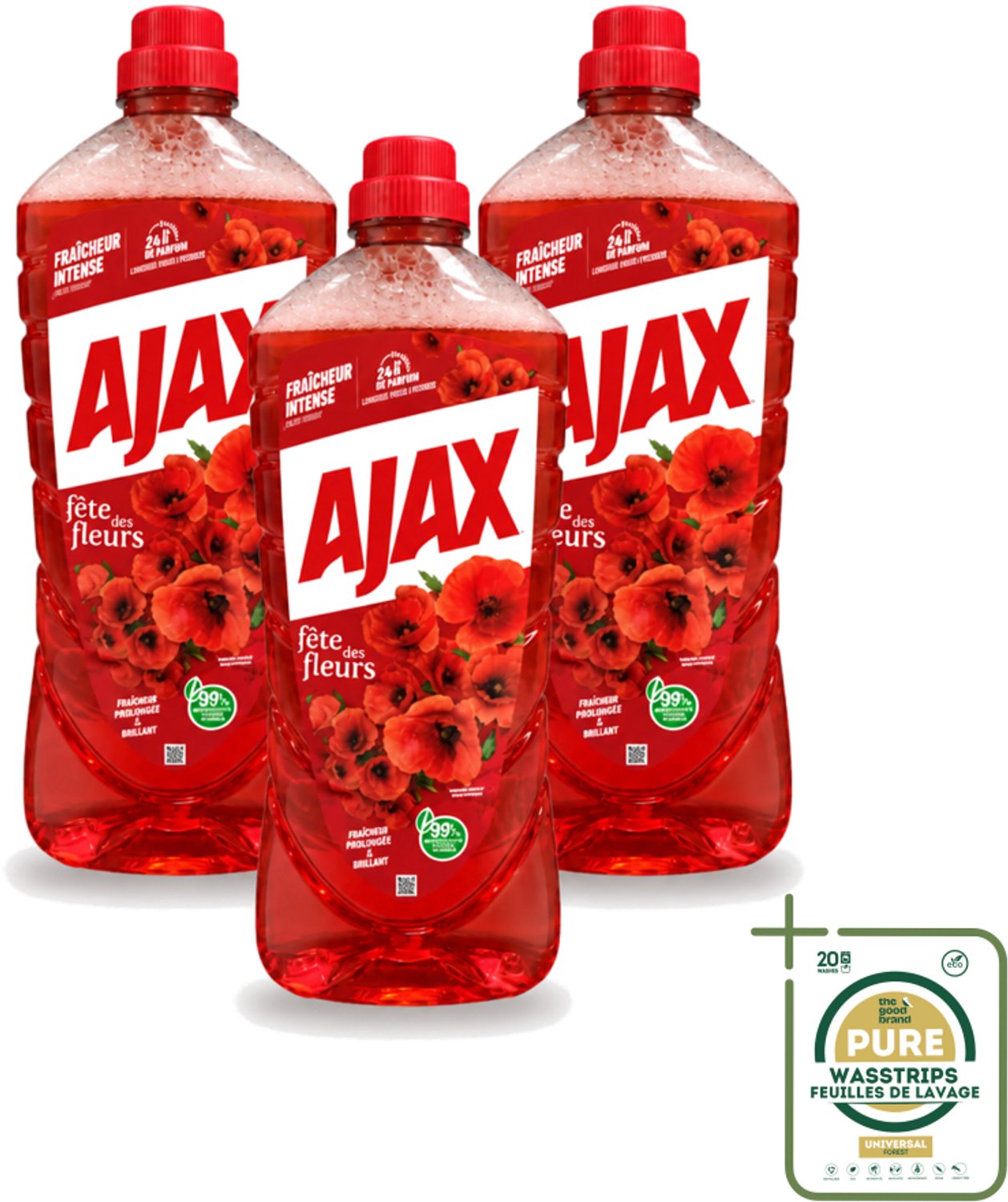 3 x Ajax – Allesreiniger – Rode Bloemen – 1,25 L - Wasstrips - Allesreiniger Rode Bloemen - Reiniger 1.25 L - Bloemengeur Reiniger - Krachtige Reiniger - Huishoudelijke Reiniger