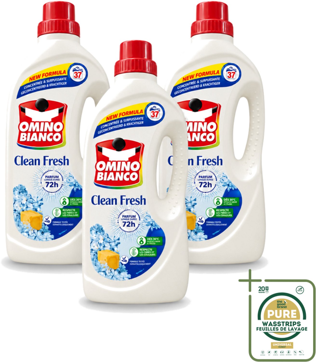 3 x Omino Bianco – Vloeibaar Wasmiddel – Clean Fresh – 1000 ml - Wasstrips - Wasmiddel - Kleurbeschermer - Natuurlijke Zeep - Anti-kleurdoorloop - Geconcentreerd Wasmiddel